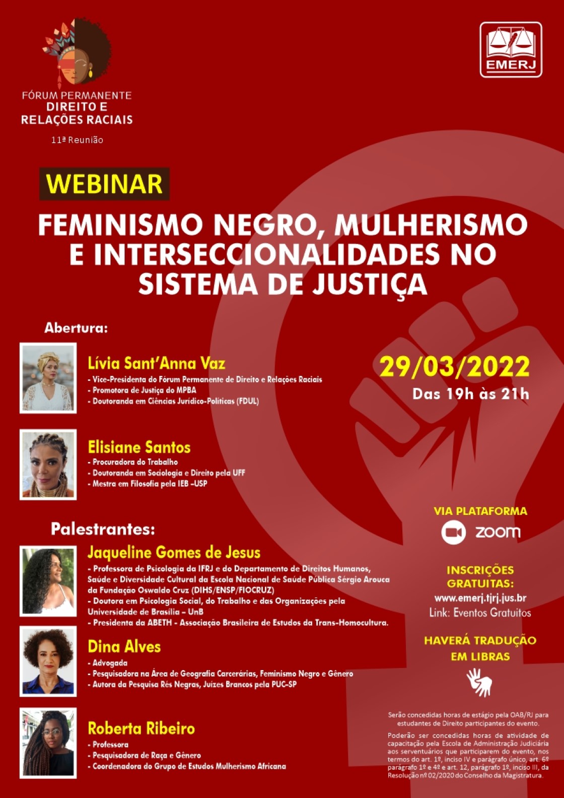 Cartaz do evento: FEMINISMO NEGRO, MULHERISMO E INTERSECCIONALIDADES NO SISTEMA DE JUSTIÇA