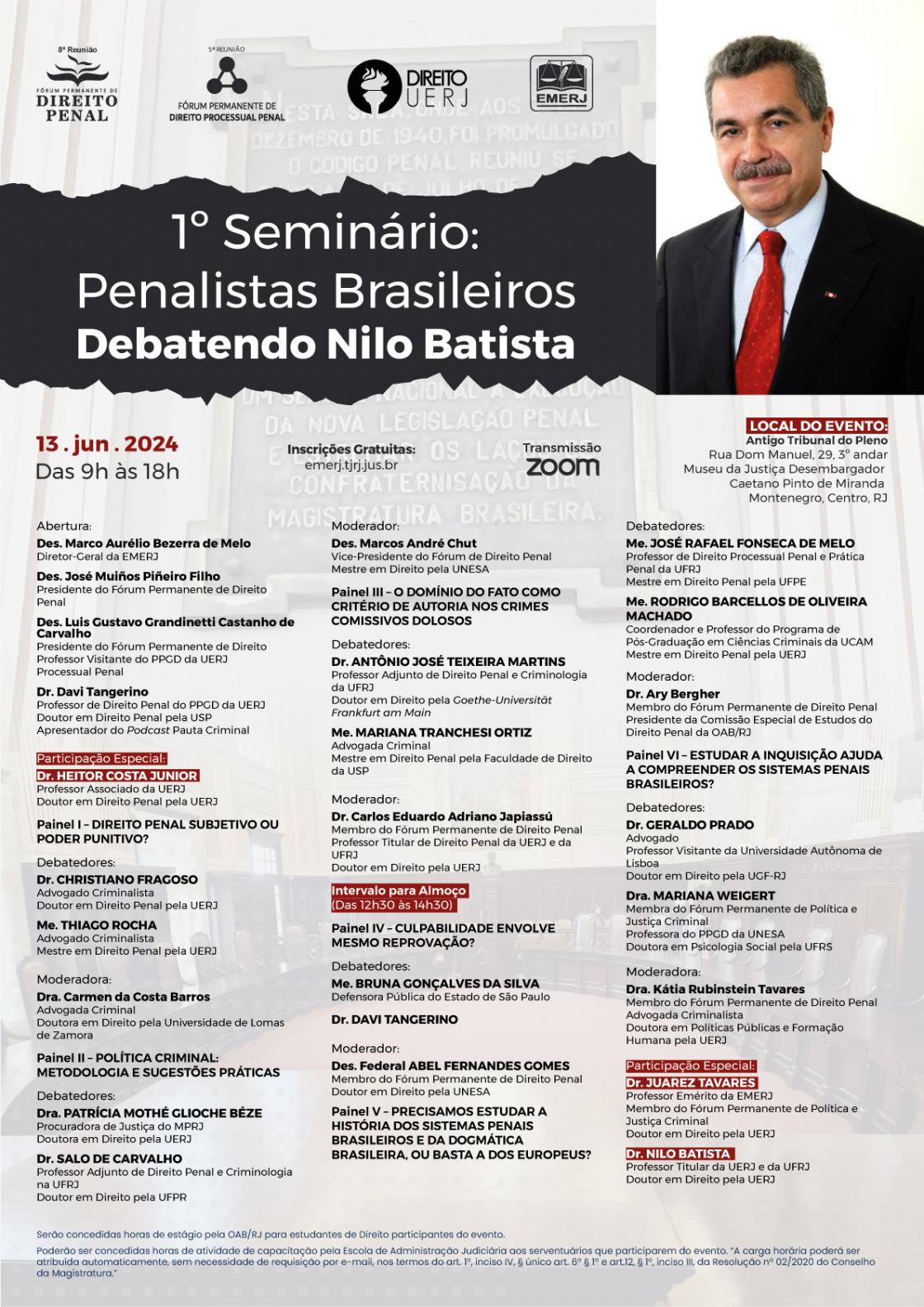 Cartaz do evento:  1º Seminário Penalistas Brasileiros - Debatendo Nilo Batista