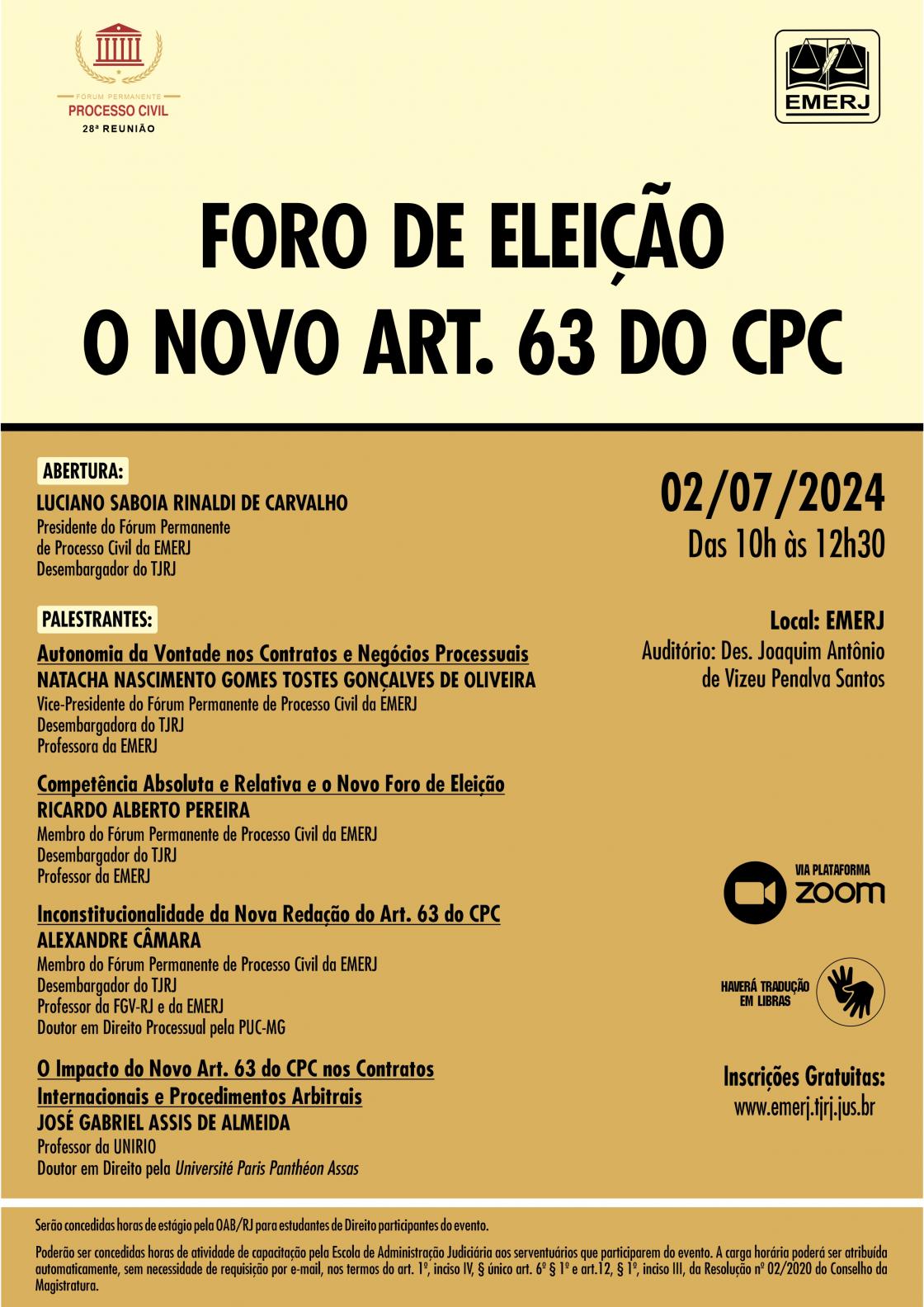 Cartaz do evento: FORO DE ELEIÇÃO – O NOVO ART. 63 DO CPC