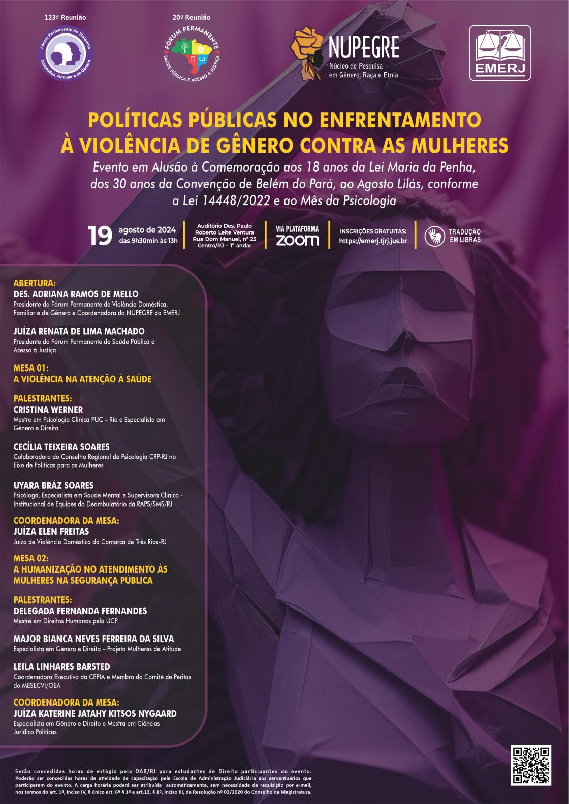 Cartaz do evento: POLÍTICAS PÚBLICAS NO ENFRENTAMENTO À VIOLÊNCIA DE GÊNERO CONTRA AS MULHERES