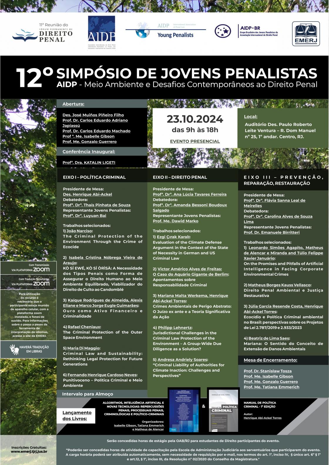 Cartaz do evento: 12º SIMPÓSIO CIENTÍFICO DOS JOVENS PENALISTAS AIDP - Meio Ambiente e Desafios Contemporâneos ao Direito Penal