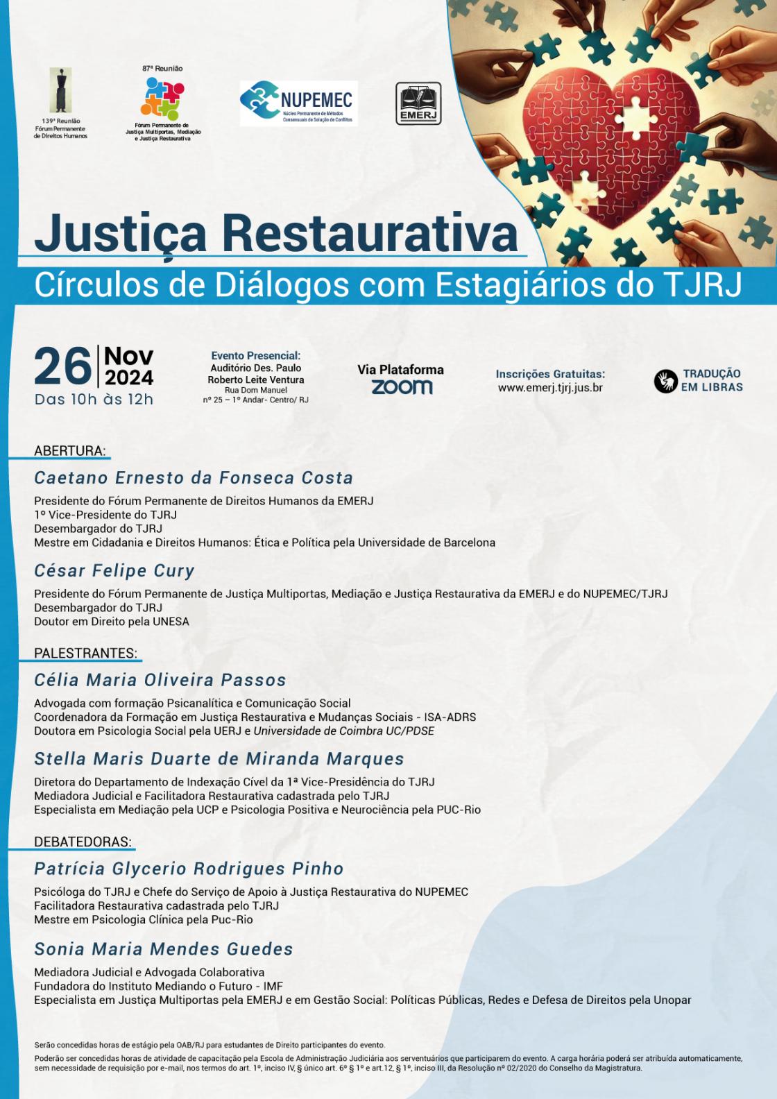 Cartaz do evento: Justiça Restaurativa – Círculos de Diálogos com Estagiários do TJRJ