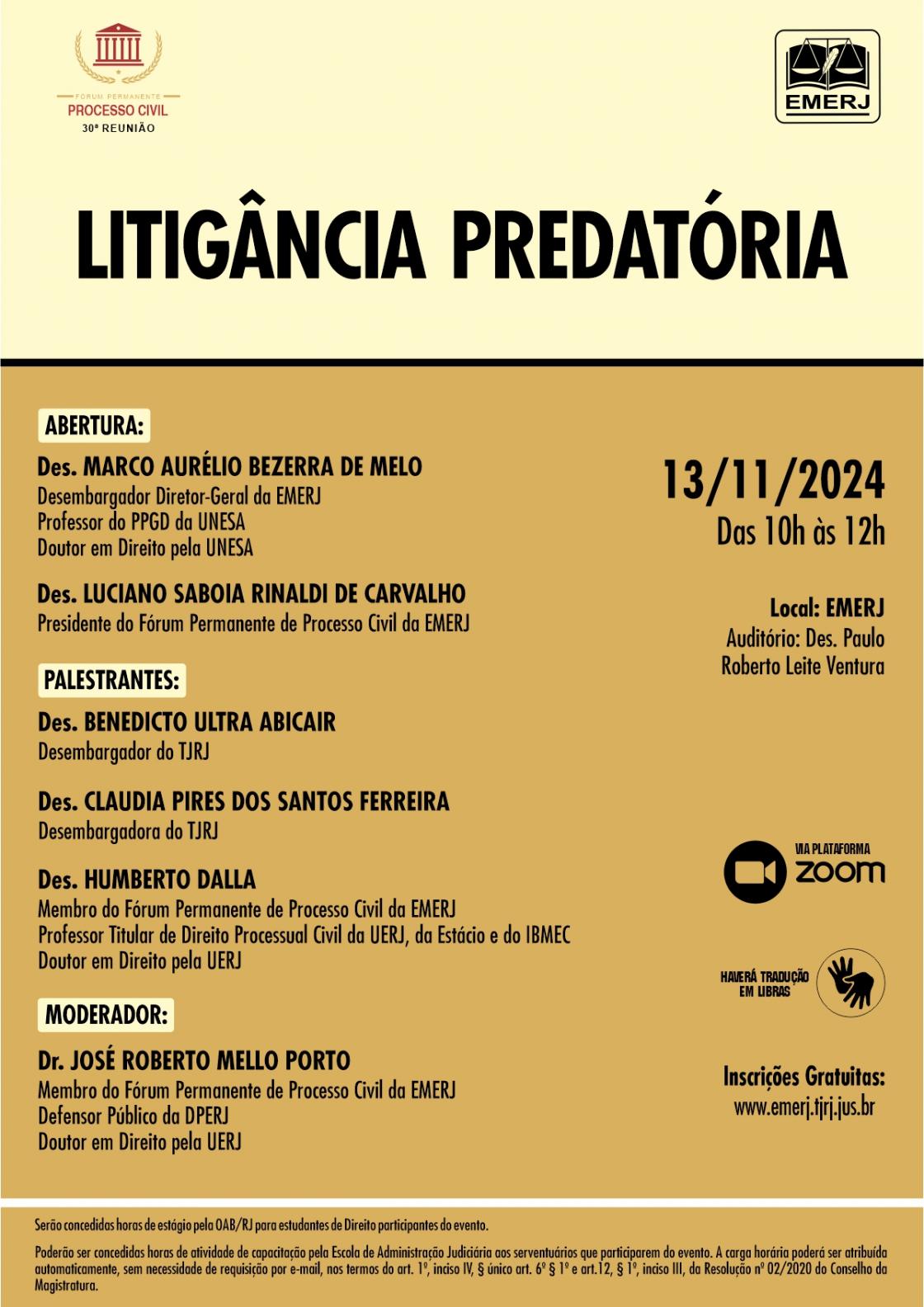 Cartaz do evento: LITIGÂNCIA PREDATÓRIA