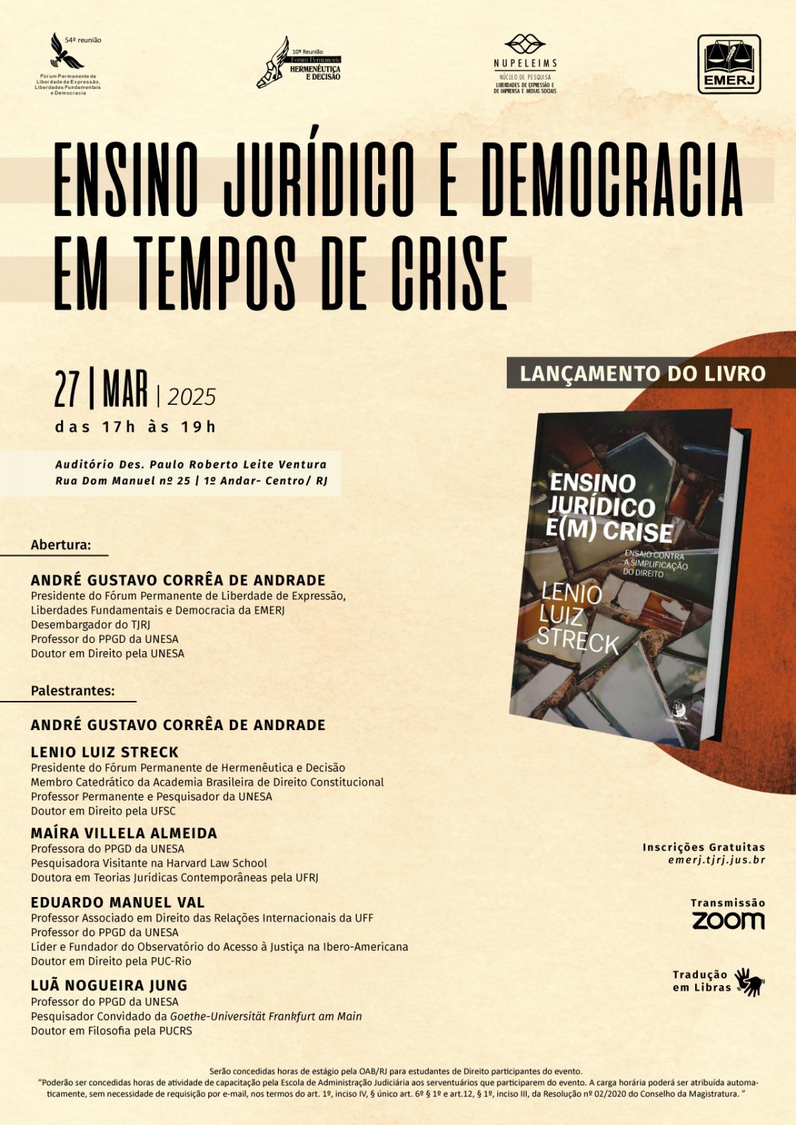 Cartaz do evento: ENSINO JURÍDICO E DEMOCRACIA EM TEMPOS DE CRISE