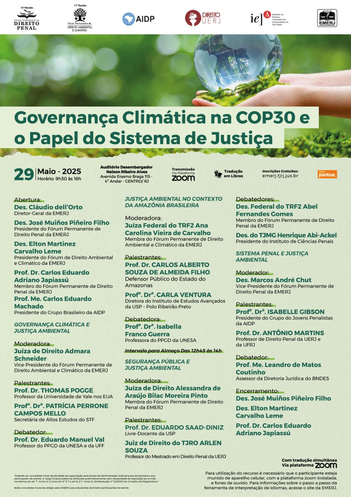 Cartaz do evento: Tema: Governança Climática na COP30 e o Papel do Sistema de Justiça