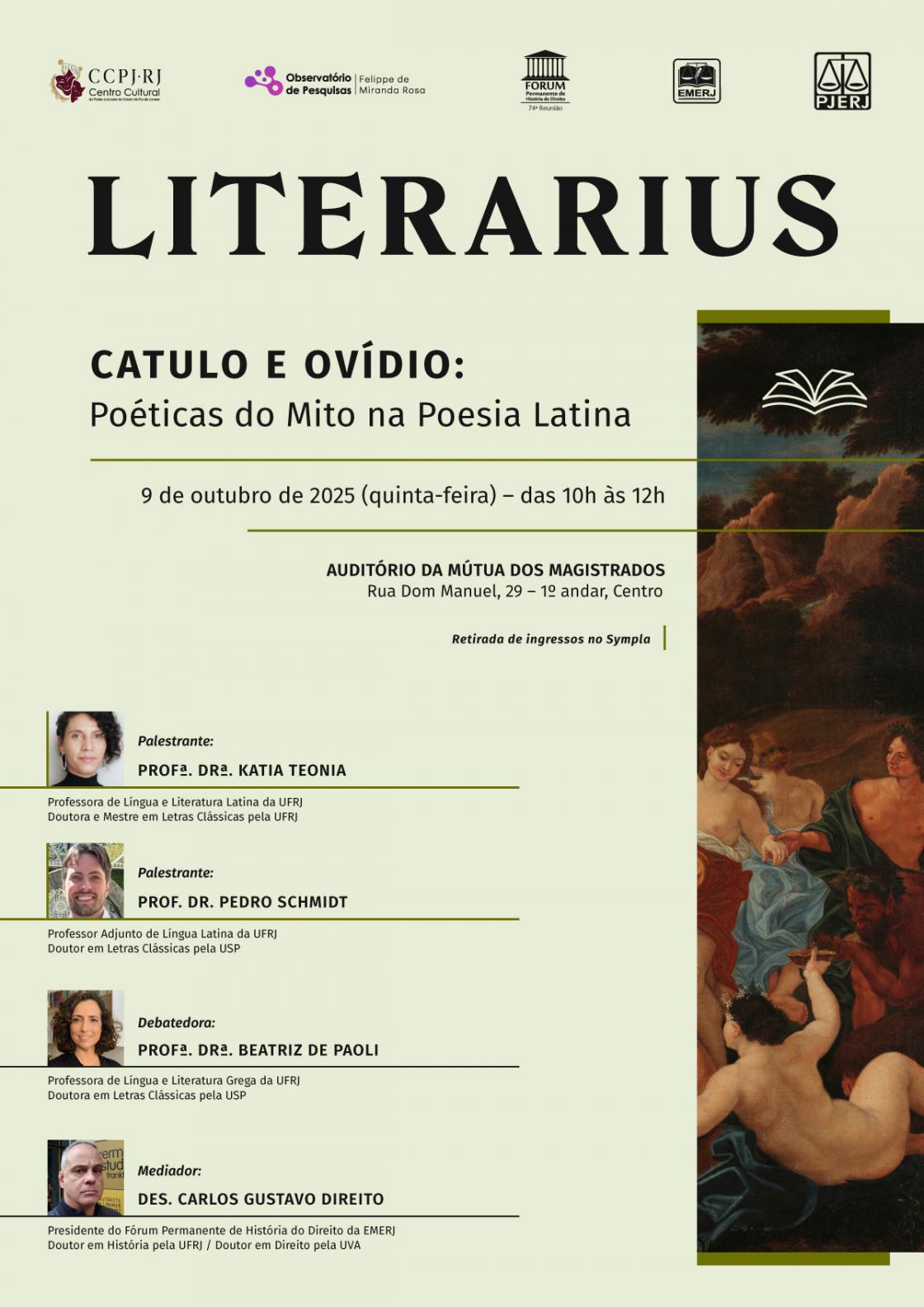 Cartaz do evento: LITERARIUS  - CATULO E OVÍDIO : Poéticas do Mito na Poesia Latina