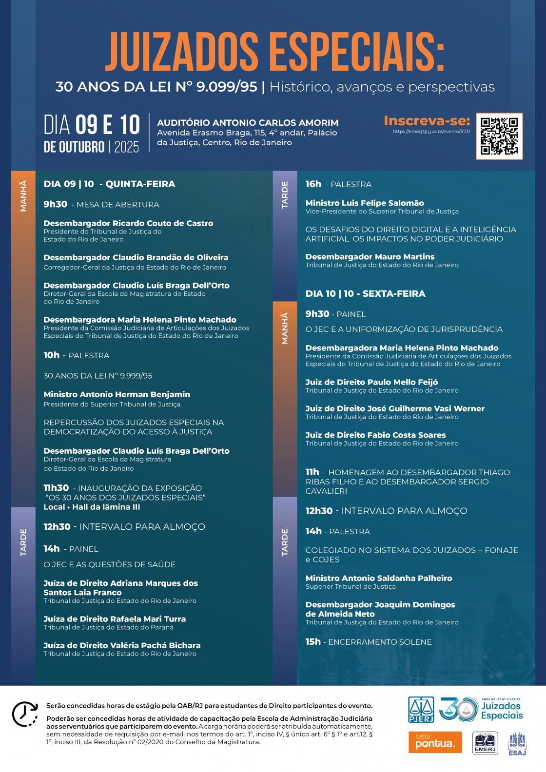 Cartaz do evento: JUIZADOS ESPECIAIS: 30 ANOS DA LEI Nº 9099/95 - HISTÓRICO, AVANÇOS E PERSPECTIVAS