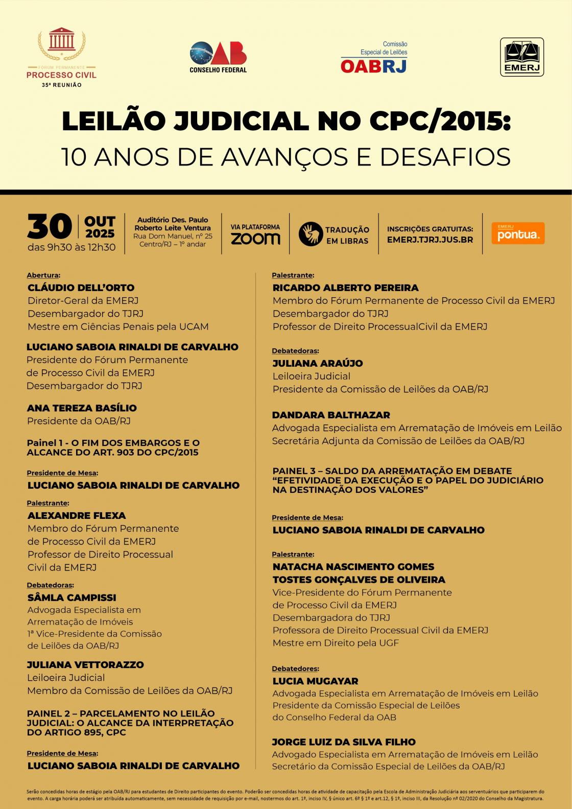 Cartaz do evento: LEILÃO JUDICIAL NO CPC/2015: 10 ANOS DE AVANÇOS E DESAFIOS