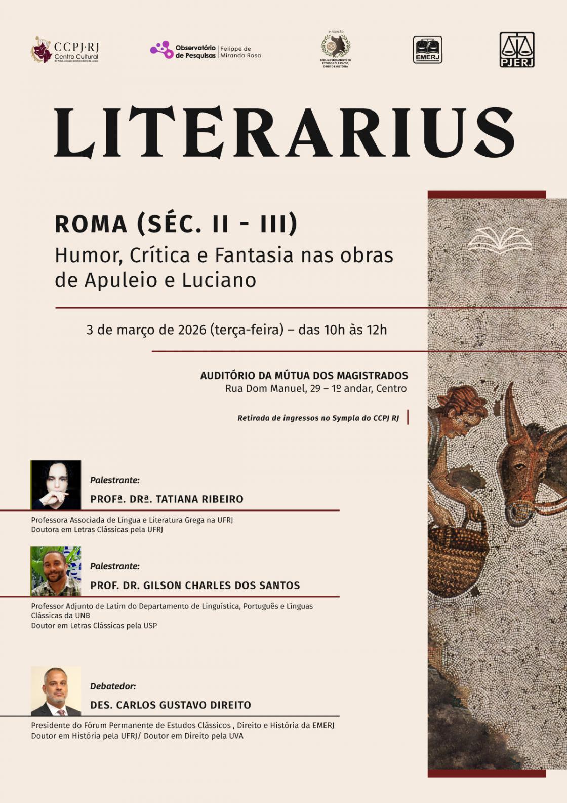 Cartaz do evento: LITERARIUS: ROMA (sec. II -III) Humor, Crítica e Fantasia nas obras de Apuleio e Luciano