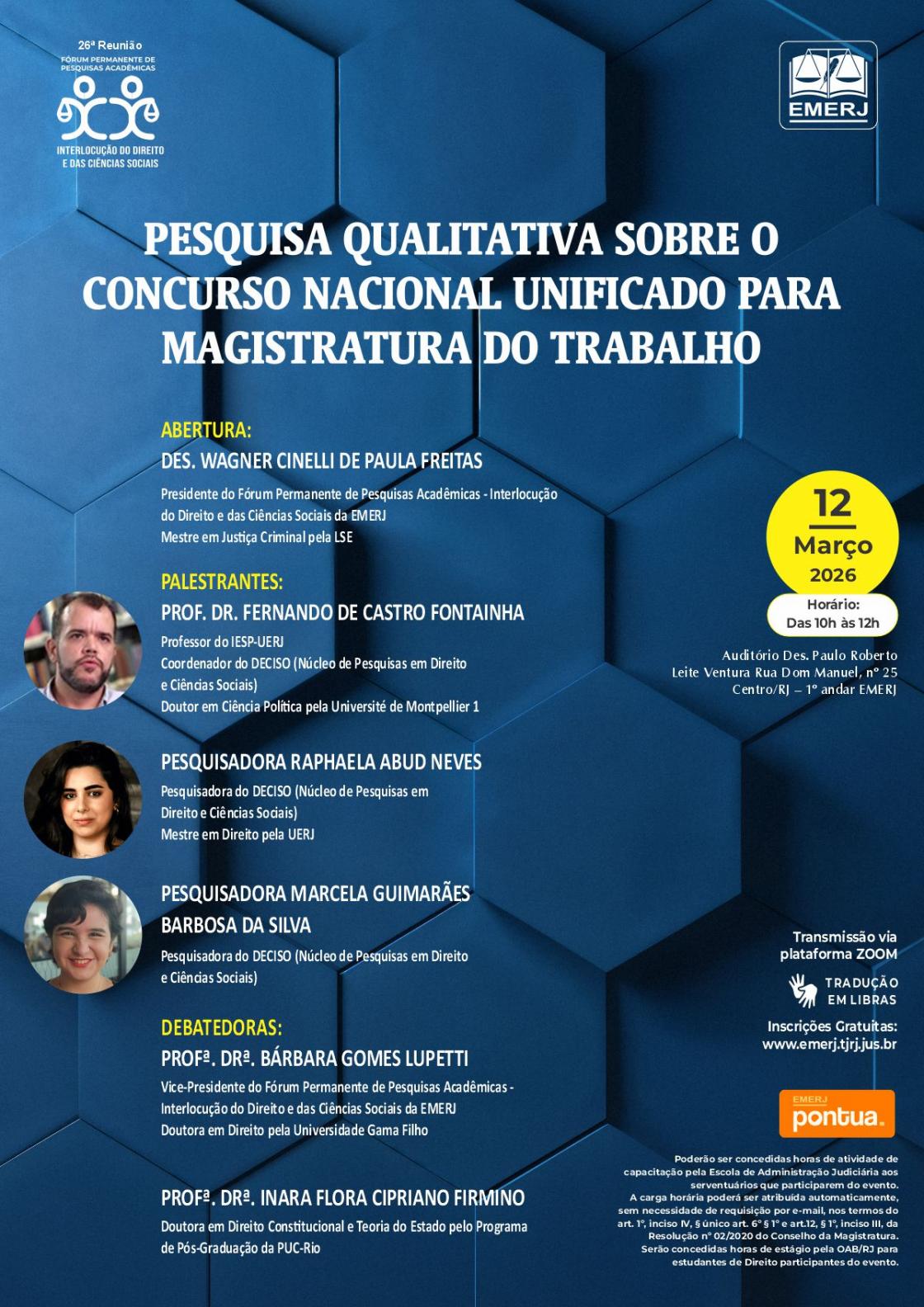 Cartaz do evento: Pesquisa Qualitativa sobre o Concurso Nacional Unificado para Magistratura do Trabalho