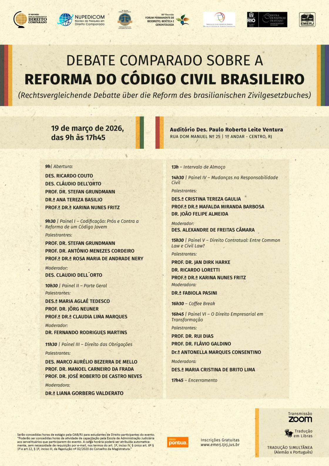 Cartaz do evento:  DEBATE COMPARADO SOBRE A REFORMA DO CÓDIGO CIVIL BRASILEIRO