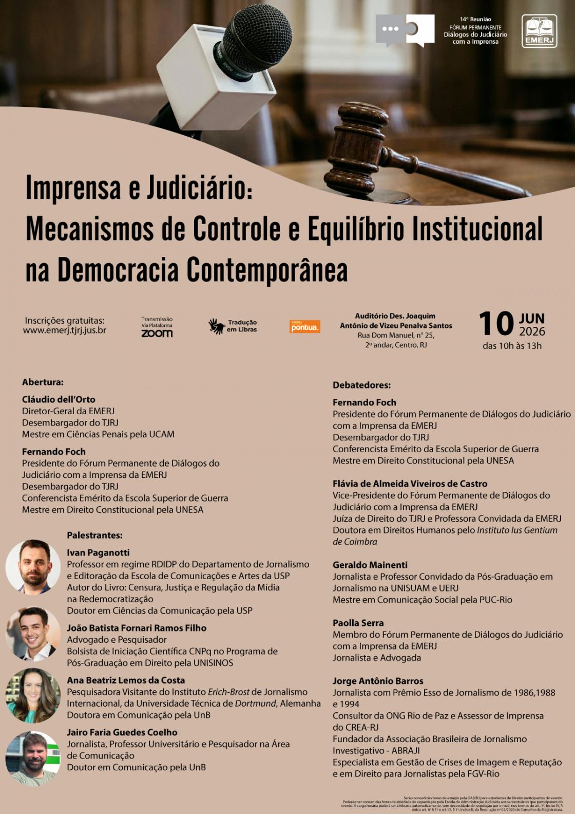 Cartaz do evento: Imprensa e Judiciário: Mecanismos de Controle e Equilíbrio Institucional na Democracia Contemporânea
