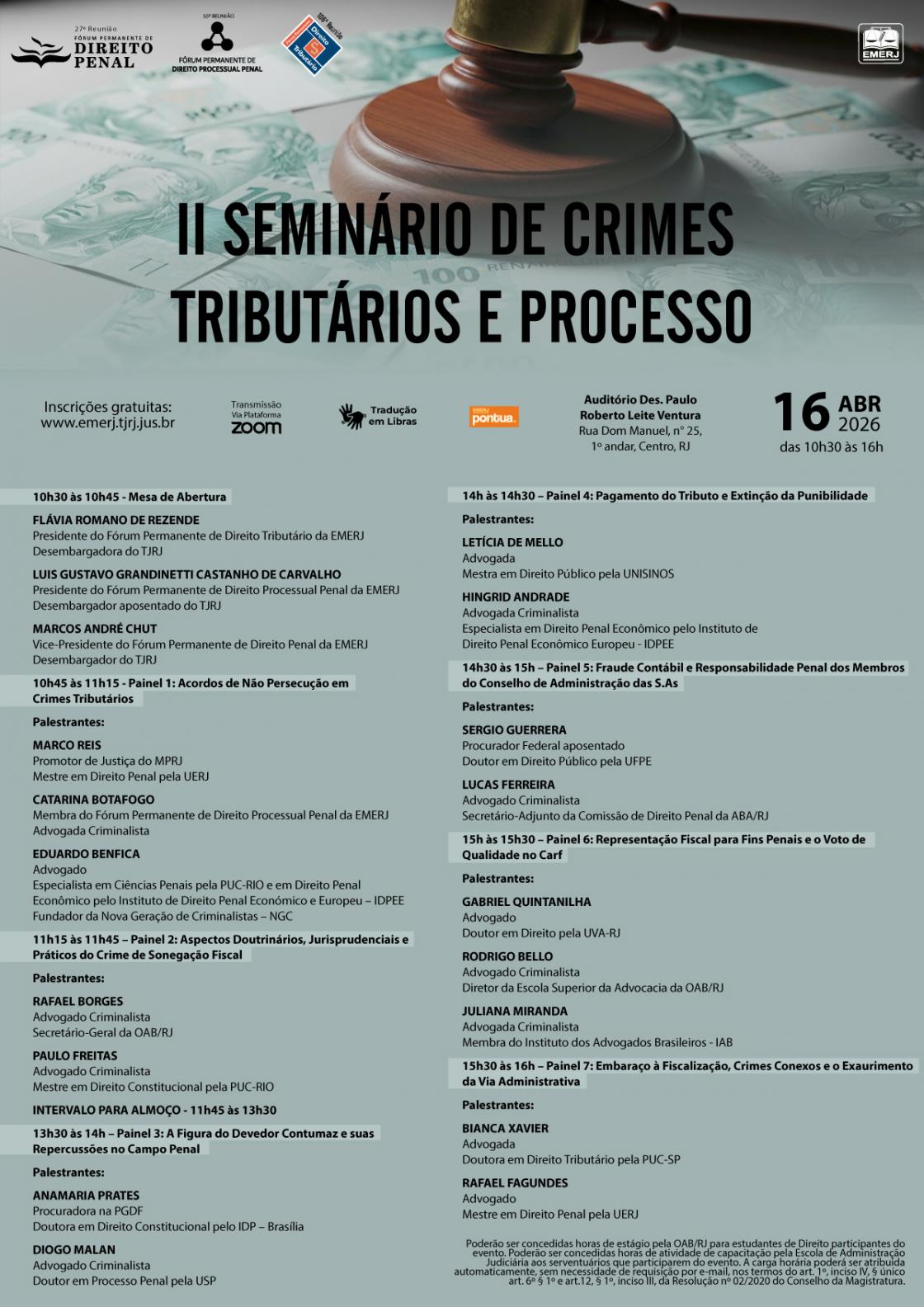 Cartaz do evento: II SEMINÁRIO DE CRIMES TRIBUTÁRIOS E PROCESSO