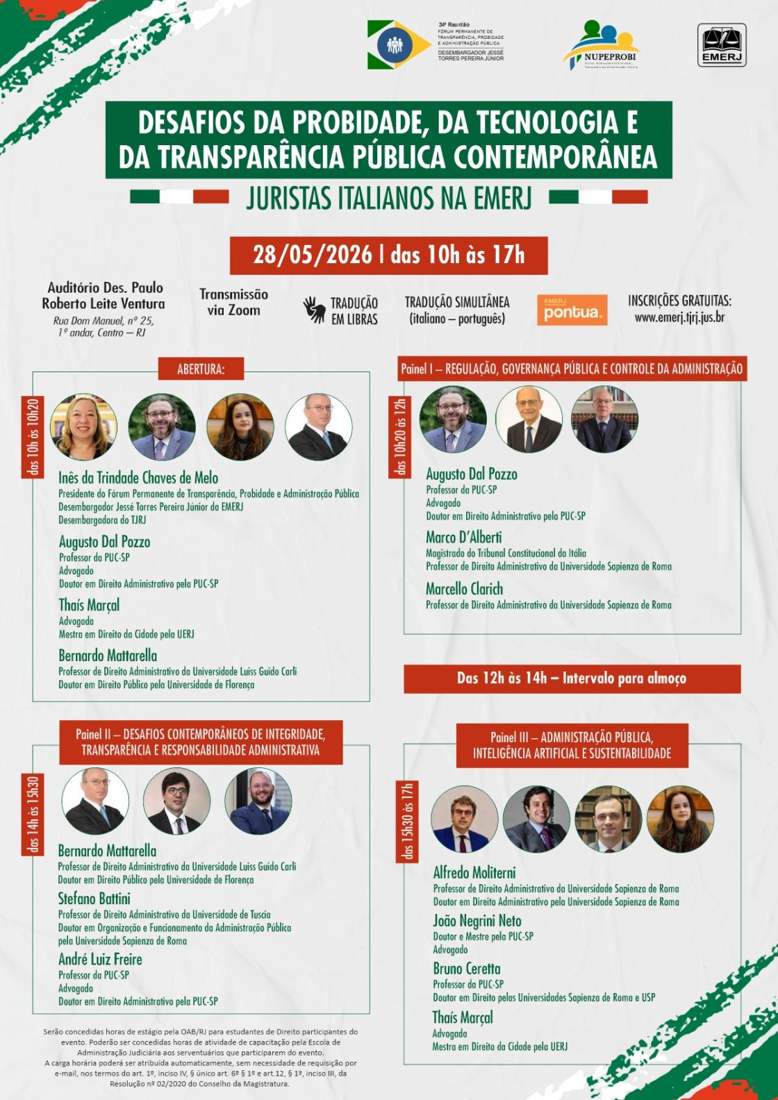 Cartaz do evento: DESAFIOS DA PROBIDADE, DA TECNOLOGIA E DA TRANSPARÊNCIA PÚBLICA CONTEMPORÂNEA — Juristas Italianos na EMERJ