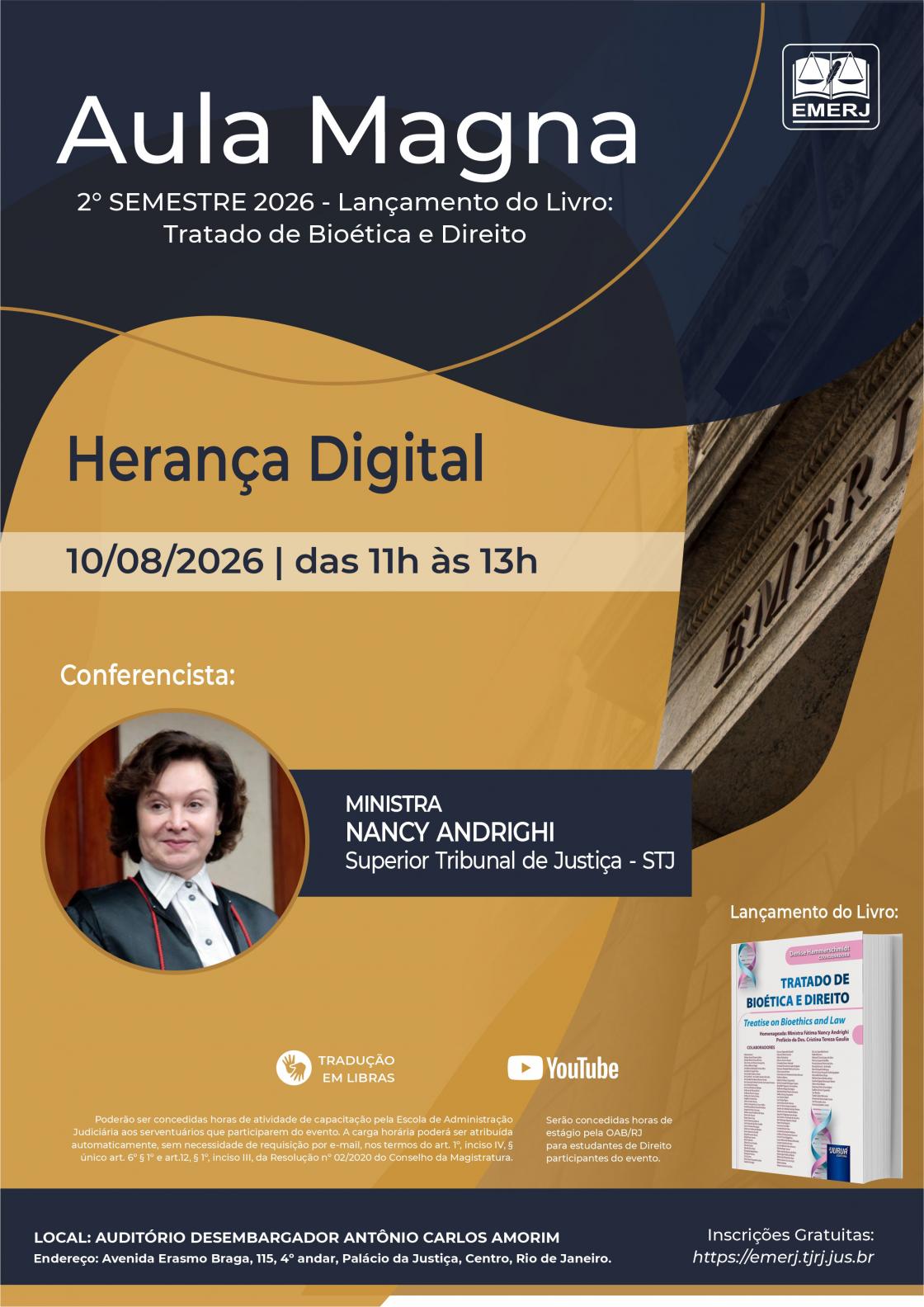 Cartaz do evento: Aula Magna – 2º Semestre de 2026    -  lançamento do livro Tratado de Bioética e Direito 