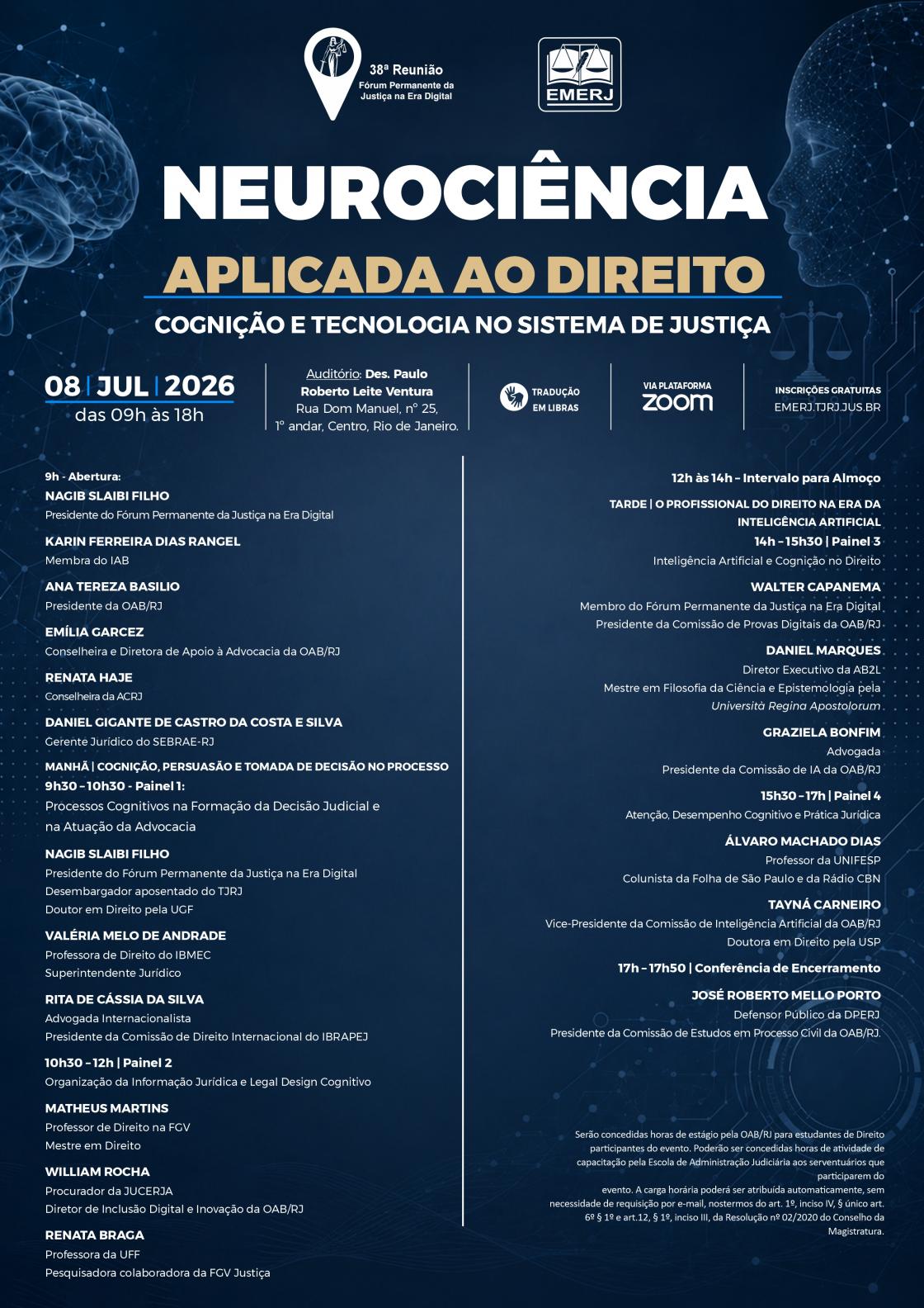 Cartaz do evento: NEUROCIÊNCIA APLICADA AO DIREITO – COGNIÇÃO E TECNOLOGIA NO SISTEMA DE JUSTIÇA