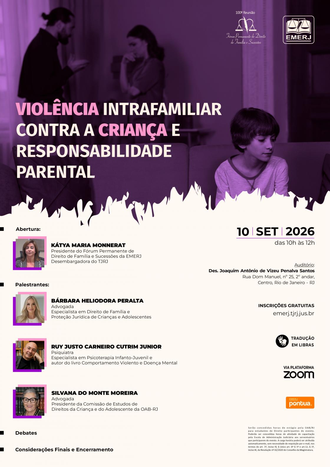 Cartaz do evento: VIOLÊNCIA INTRAFAMILIAR CONTRA A CRIANÇA E RESPONSABILIDADE PARENTAL