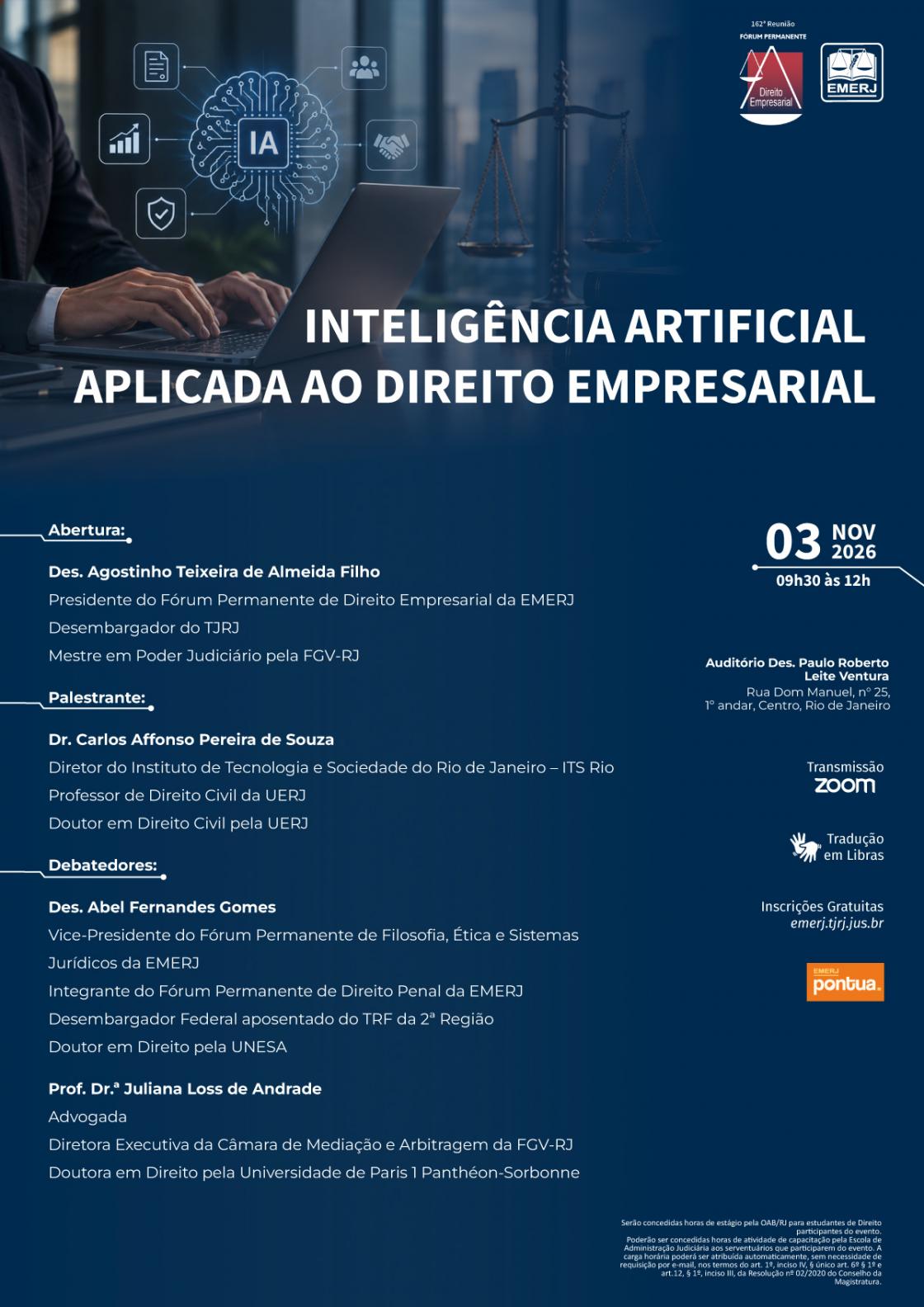 Cartaz do evento: INTELIGÊNCIA ARTIFICIAL APLICADA AO DIREITO EMPRESARIAL