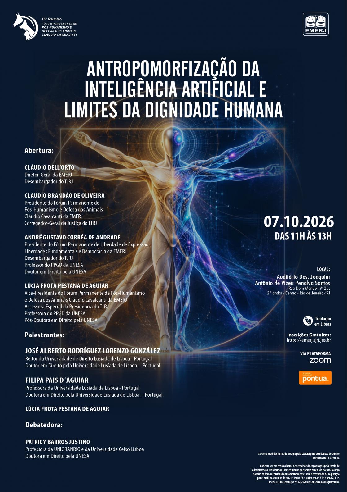 Cartaz do evento: ANTROPOMORFIZAÇÃO DA INTELIGÊNCIA ARTIFICIAL E LIMITES DA DIGNIDADE HUMANA