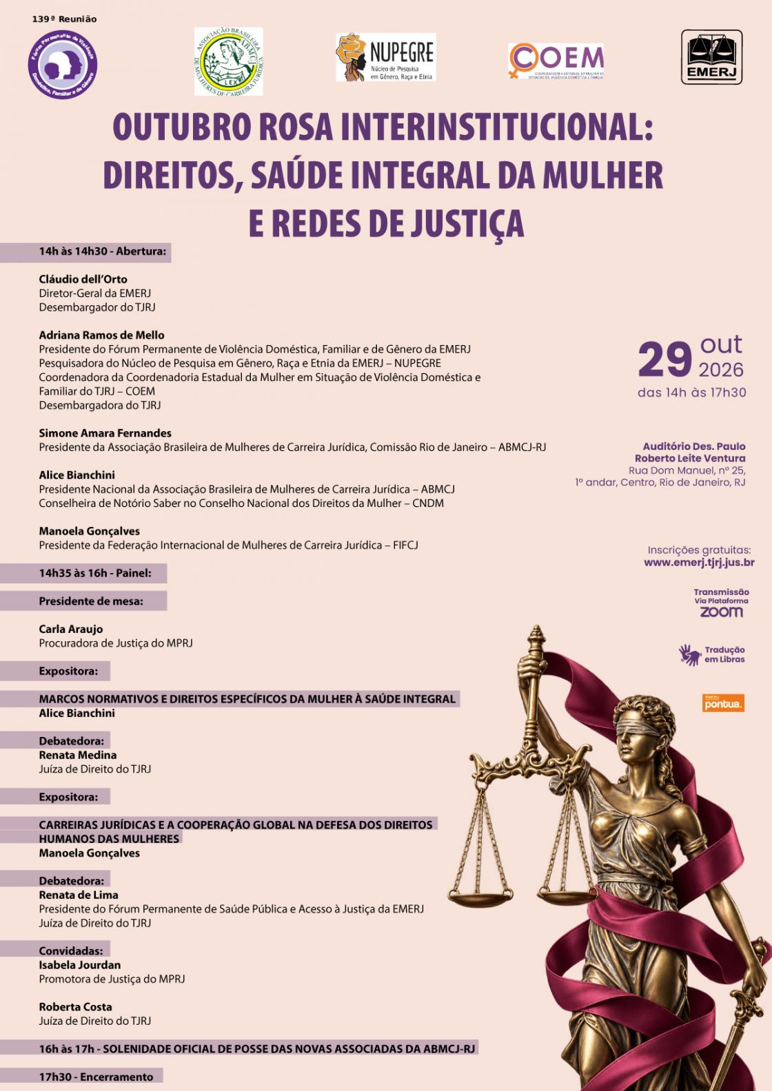 Cartaz do evento: OUTUBRO ROSA INTERINSTITUCIONAL: DIREITOS, SAÚDE INTEGRAL DA MULHER E REDES DE JUSTIÇA