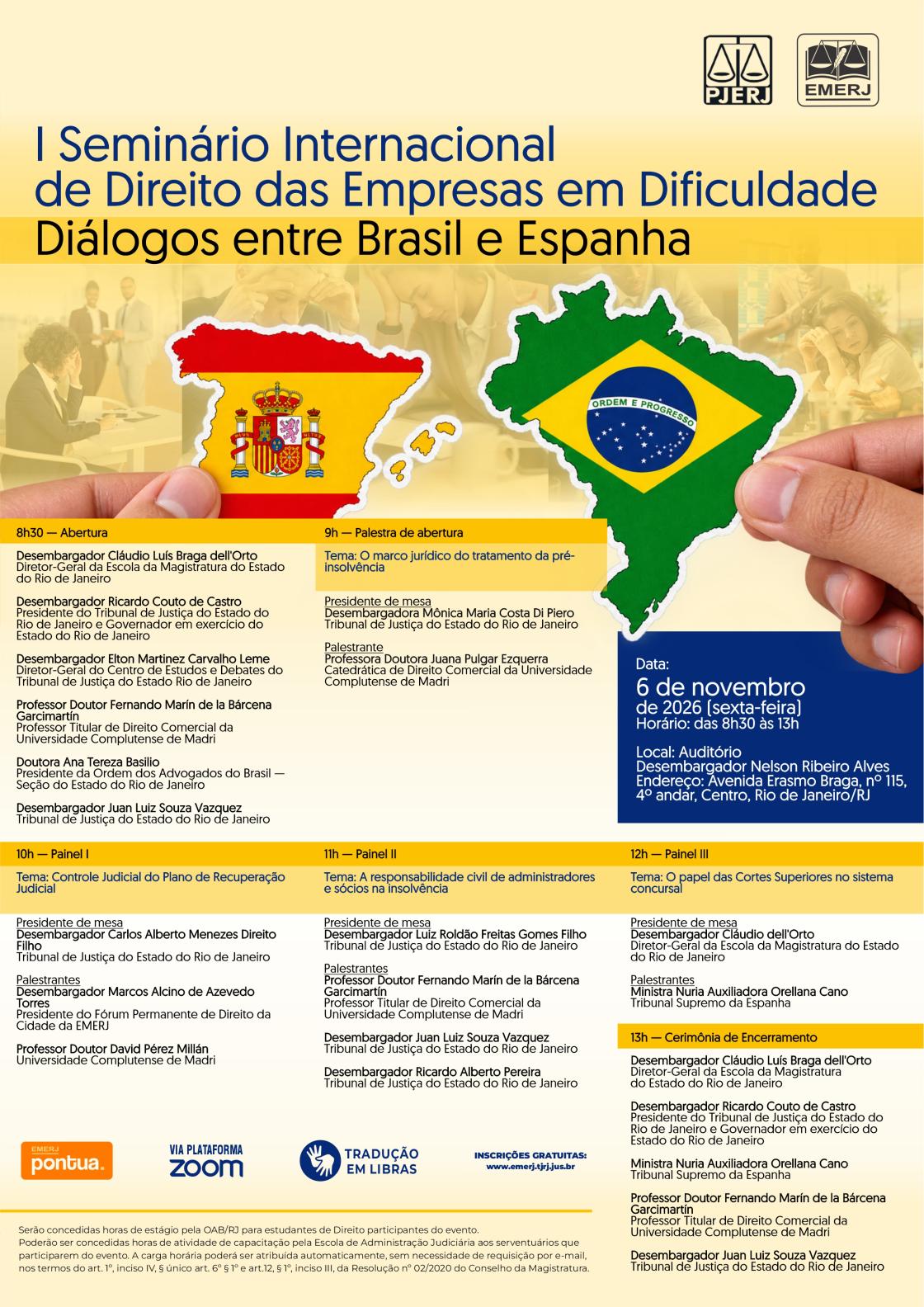 Cartaz do evento: I Seminário Internacional de Direito das Empresas em Dificuldade Diálogos entre Brasil e Espanha