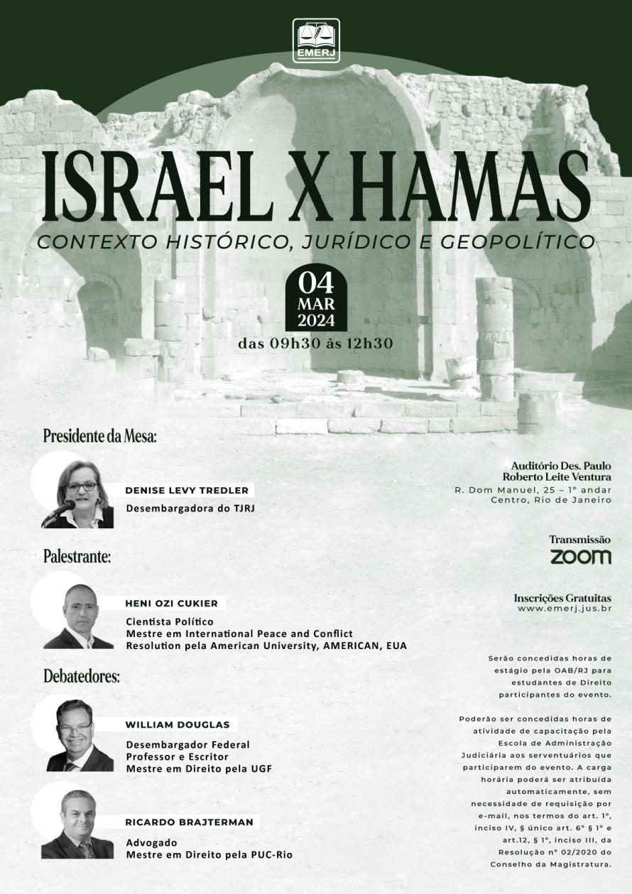 Cartaz do evento: ISRAEL X HAMAS CONTEXTO HISTÓRICO, JURÍDICO E GEOPOLÍTICO