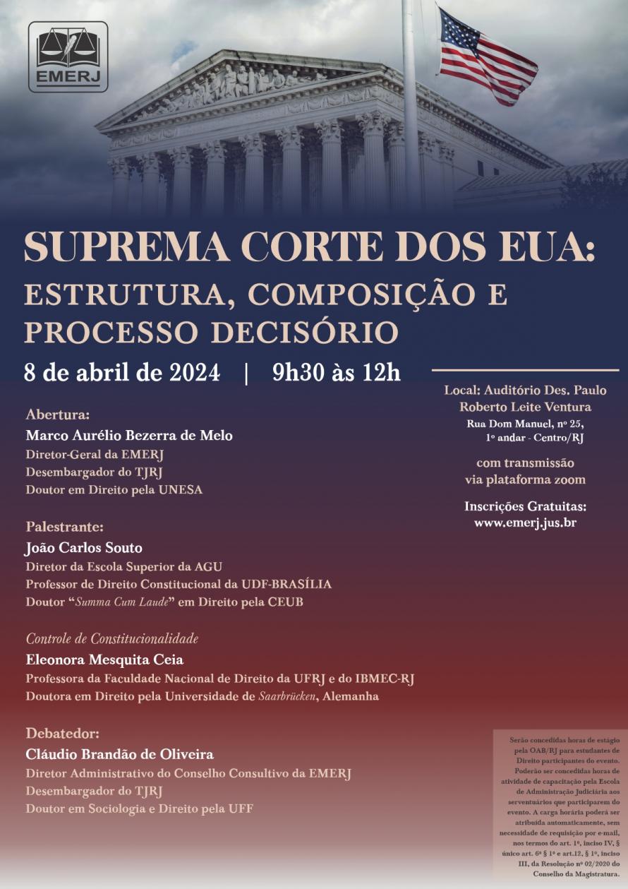 Cartaz do evento: SUPREMA CORTE DOS EUA:  ESTRUTURA, COMPOSIÇÃO E PROCESSO DECISÓRIO