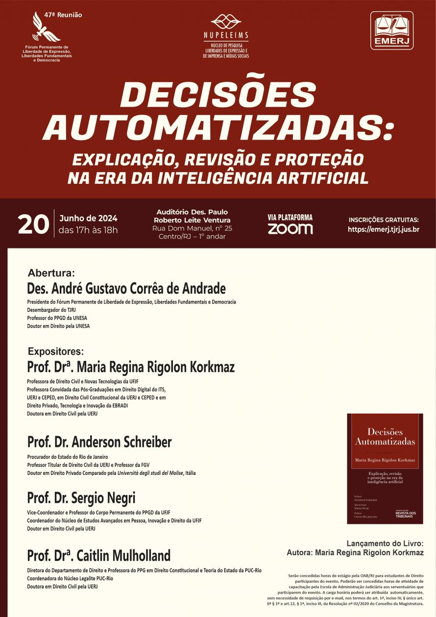 Cartaz do evento: DECISÕES AUTOMATIZADAS: EXPLICAÇÃO, REVISÃO E PROTEÇÃO NA ERA DA INTELIGÊNCIA ARTIFICIAL