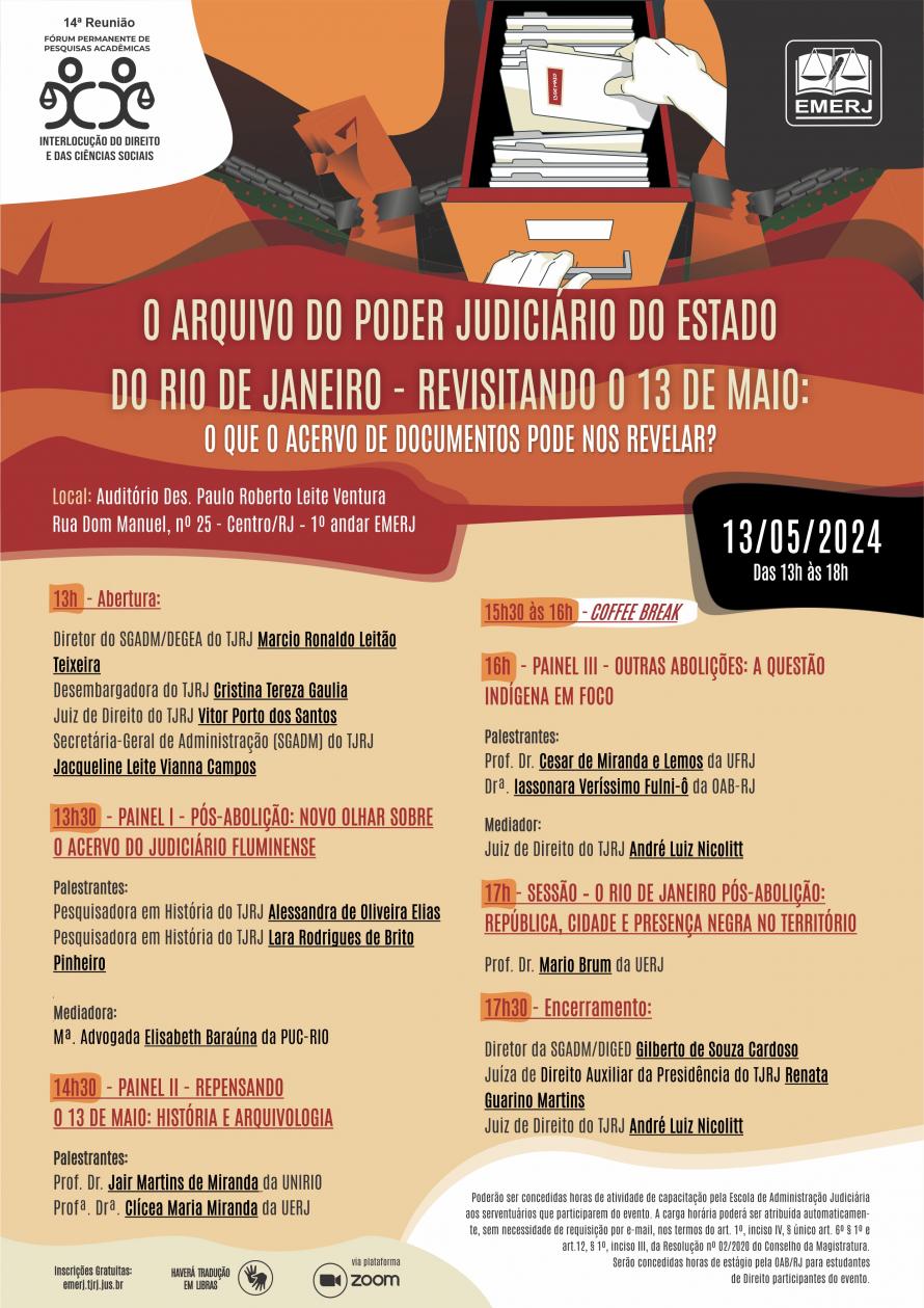 Cartaz do evento: O Arquivo do Poder Judiciário do Estado do Rio de Janeiro revisitando o 13 de maio: O que o acervo de documentos pode nos revelar?