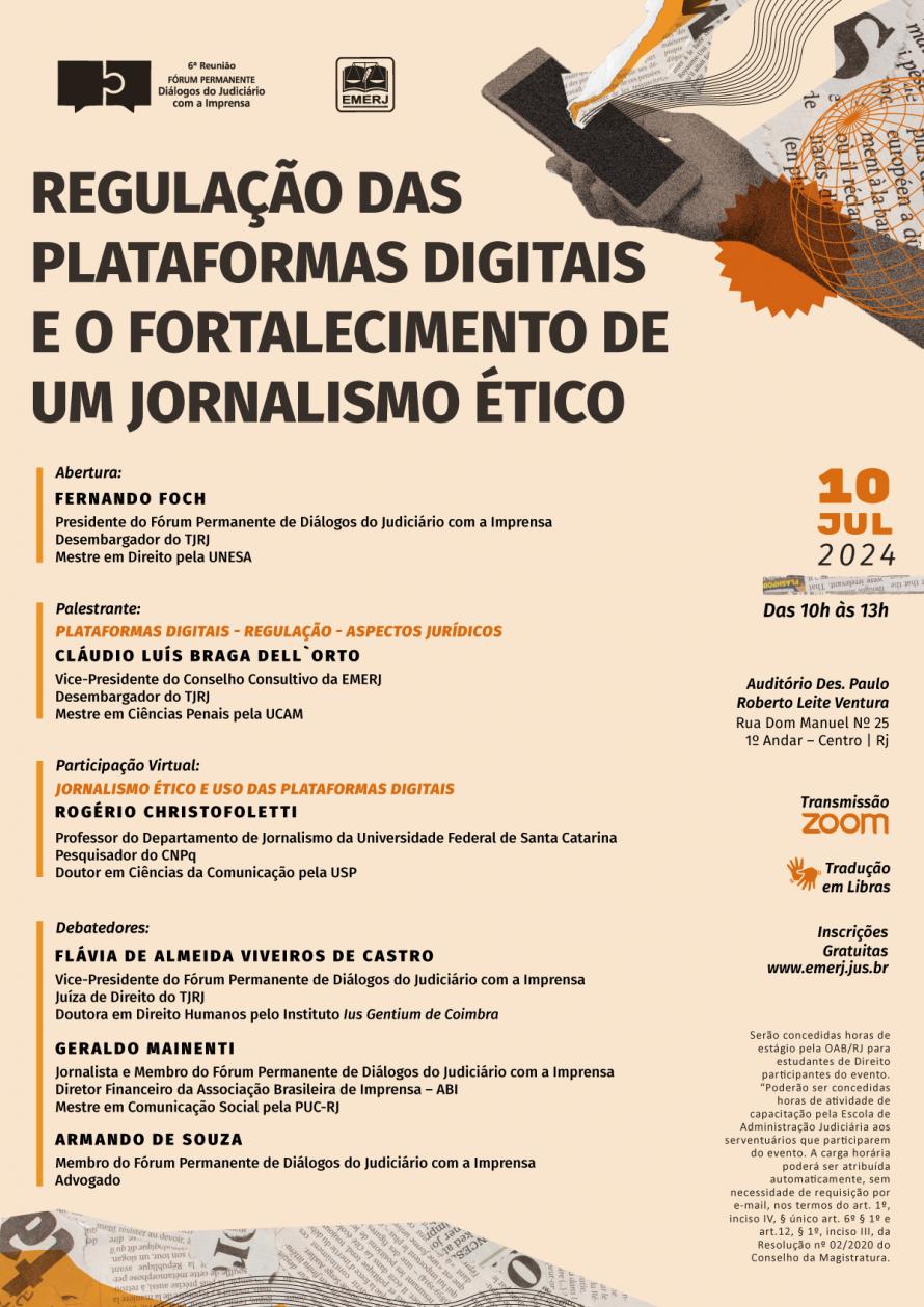 Cartaz do evento: “Regulação das Plataformas Digitais e o Fortalecimento de um Jornalismo Ético”