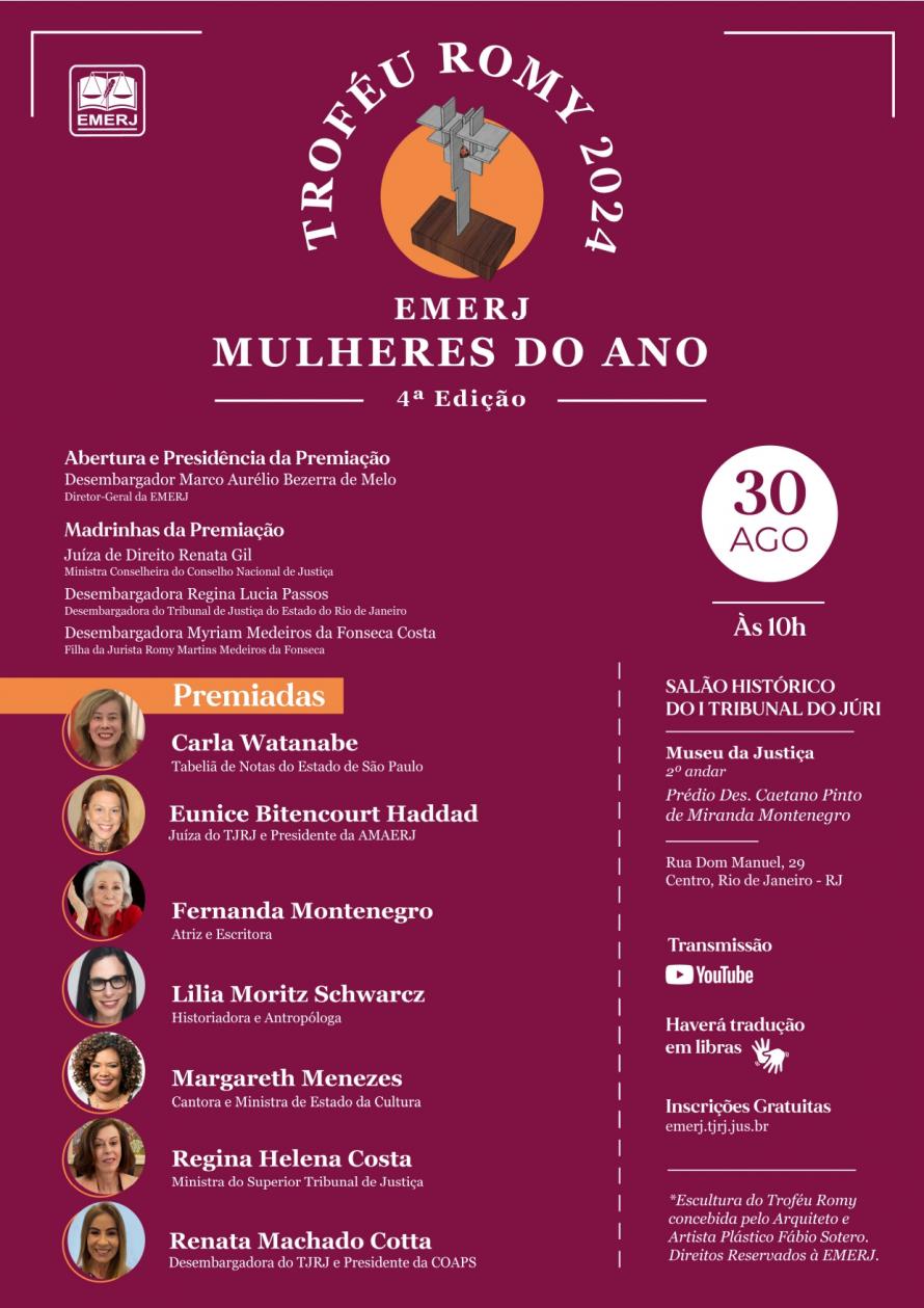 Cartaz do evento: TROFÉU ROMY 2024 EMERJ MULHERES DO ANO 