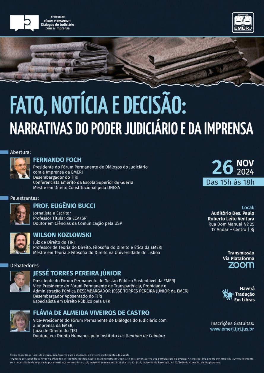 Cartaz do evento: “Fato, Notícia e Decisão: Narrativas do Poder Judiciário e da Imprensa”