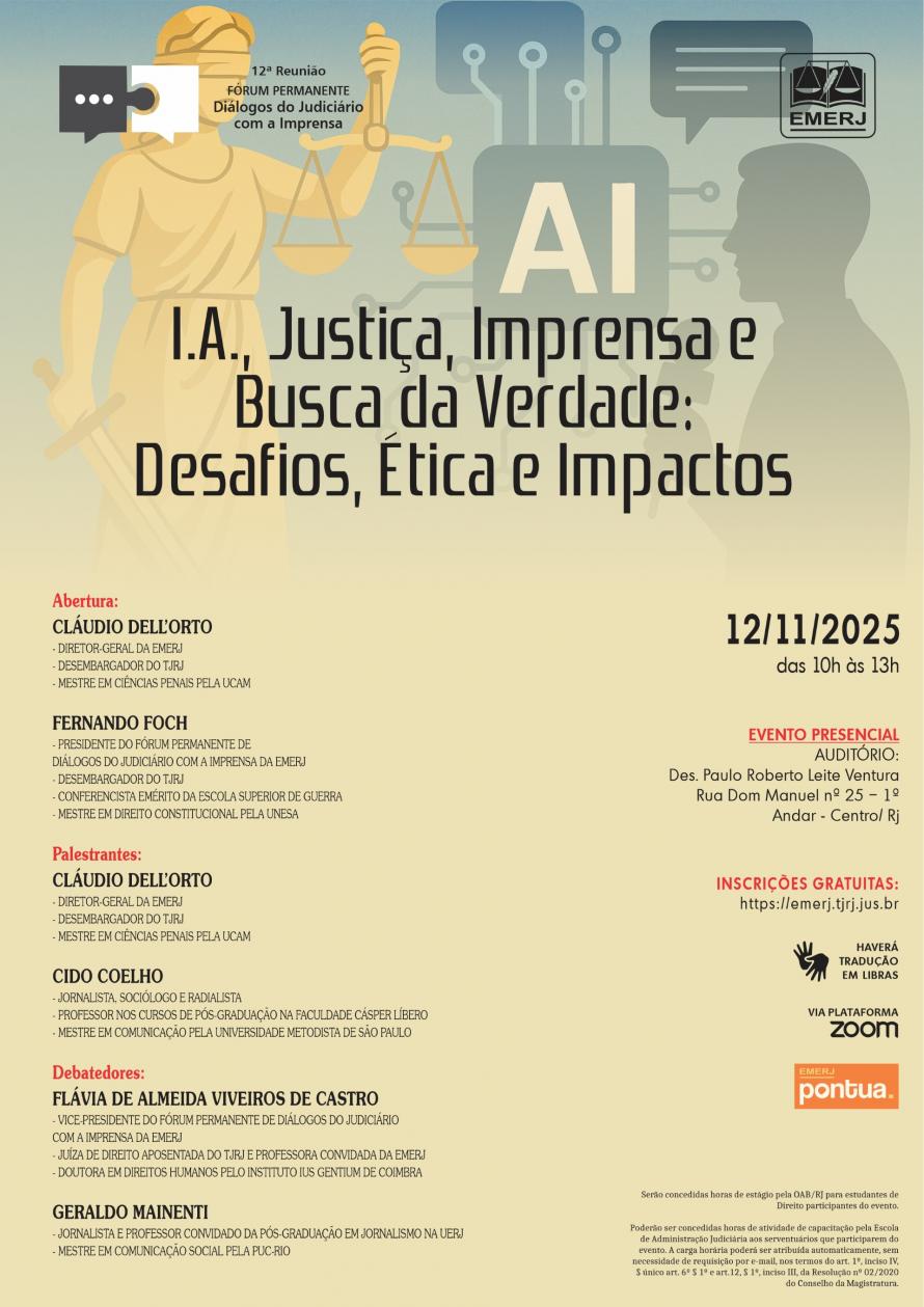 Cartaz do evento: “I.A., Justiça, Imprensa e Busca da Verdade: Desafios, Ética e Impactos”