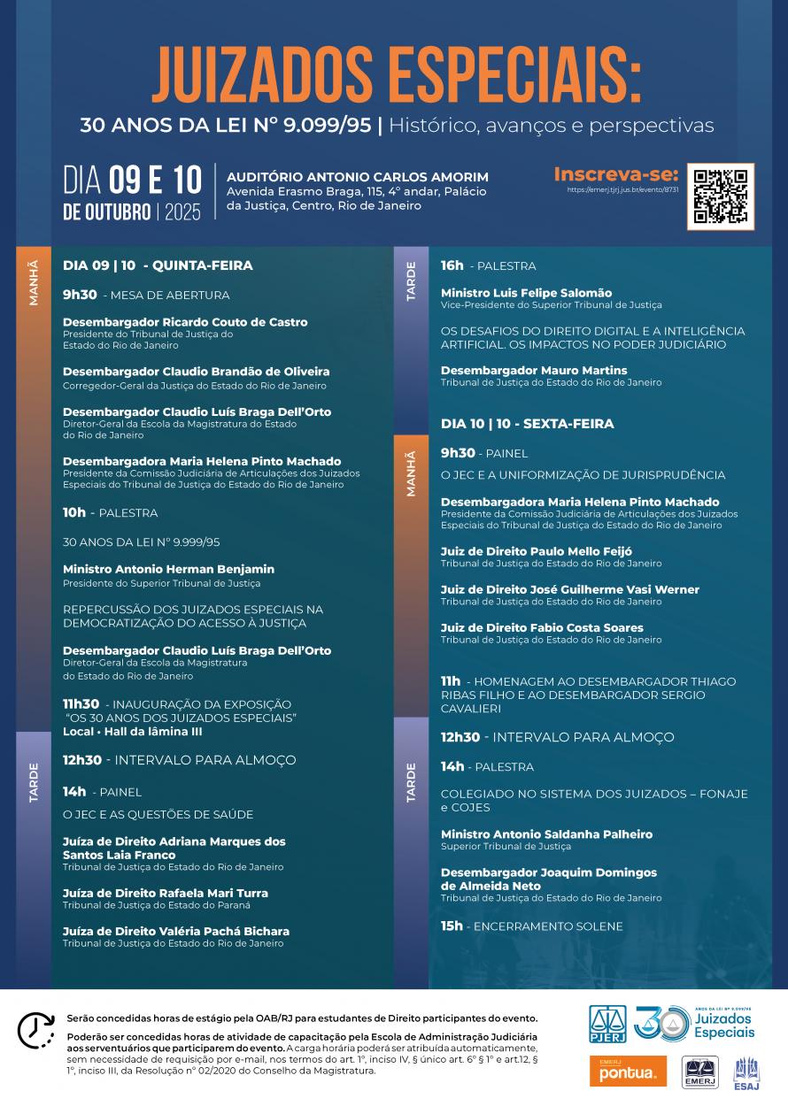 Cartaz do evento: JUIZADOS ESPECIAIS: 30 ANOS DA LEI Nº 9099/95 - HISTÓRICO, AVANÇOS E PERSPECTIVAS