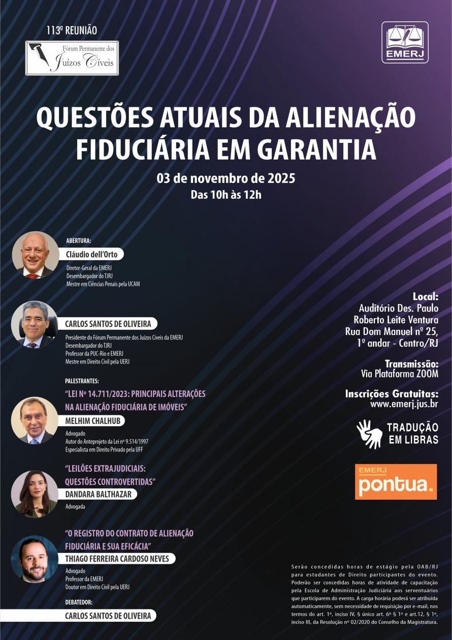Cartaz do evento: QUESTÕES ATUAIS DA ALIENAÇÃO FIDUCIÁRIA EM GARANTIA