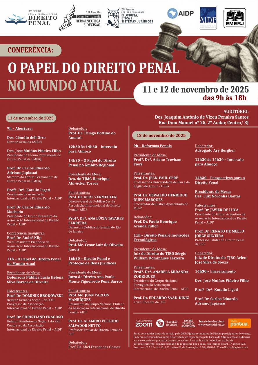 Cartaz do evento: CONFERÊNCIA: O PAPEL DO DIREITO PENAL NO MUNDO ATUAL  