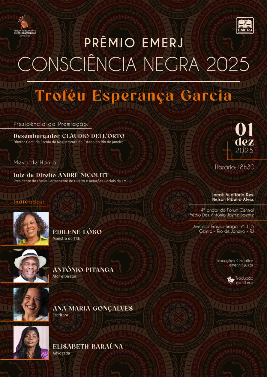 Cartaz do evento: PRÊMIO EMERJ CONSCIÊNCIA NEGRA 2025- TROFÉU ESPERANÇA GARCIA