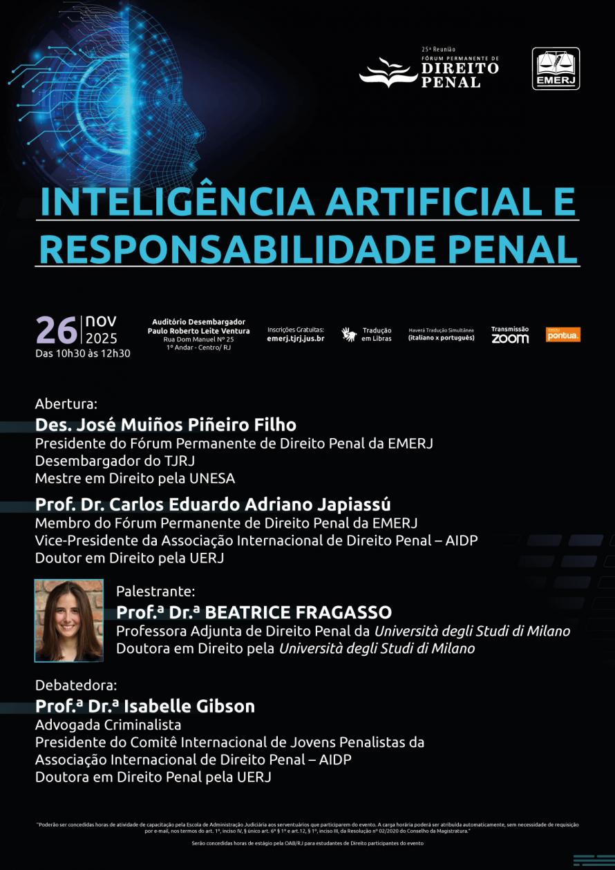 Cartaz do evento: INTELIGÊNCIA ARTIFICIAL E RESPONSABILIDADE PENAL