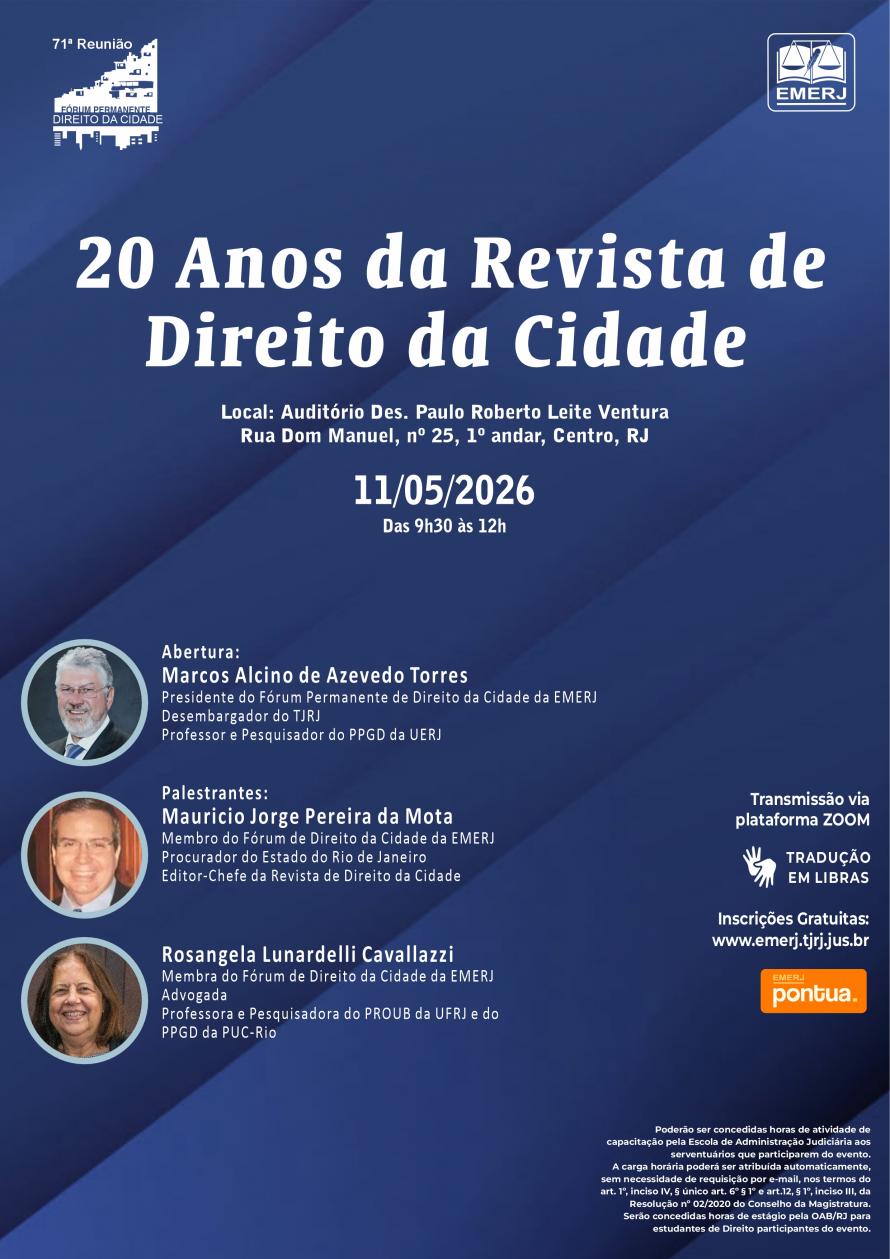 Cartaz do evento: 20 ANOS DA REVISTA DE DIREITO DA CIDADE 
