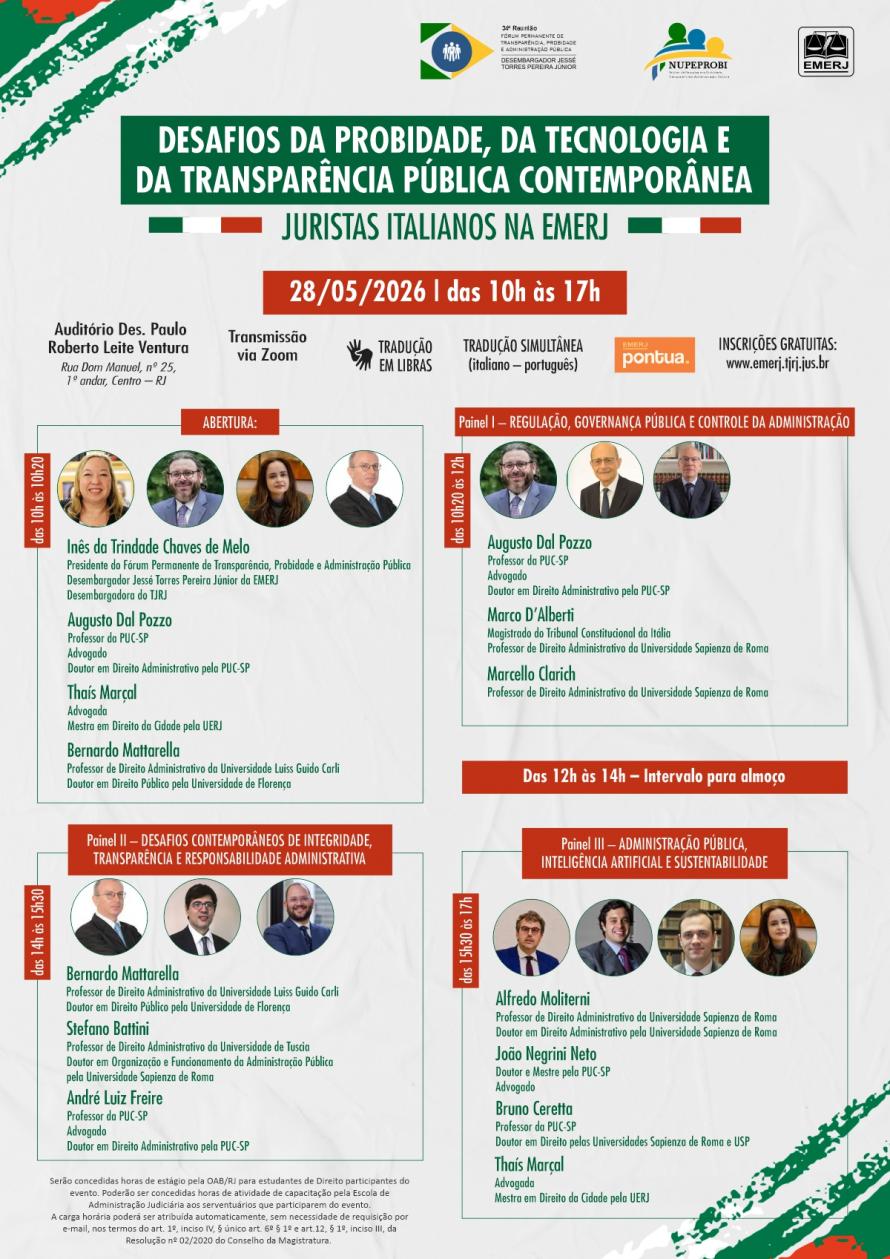 Cartaz do evento: DESAFIOS DA PROBIDADE, DA TECNOLOGIA E DA TRANSPARÊNCIA PÚBLICA CONTEMPORÂNEA — Juristas Italianos na EMERJ