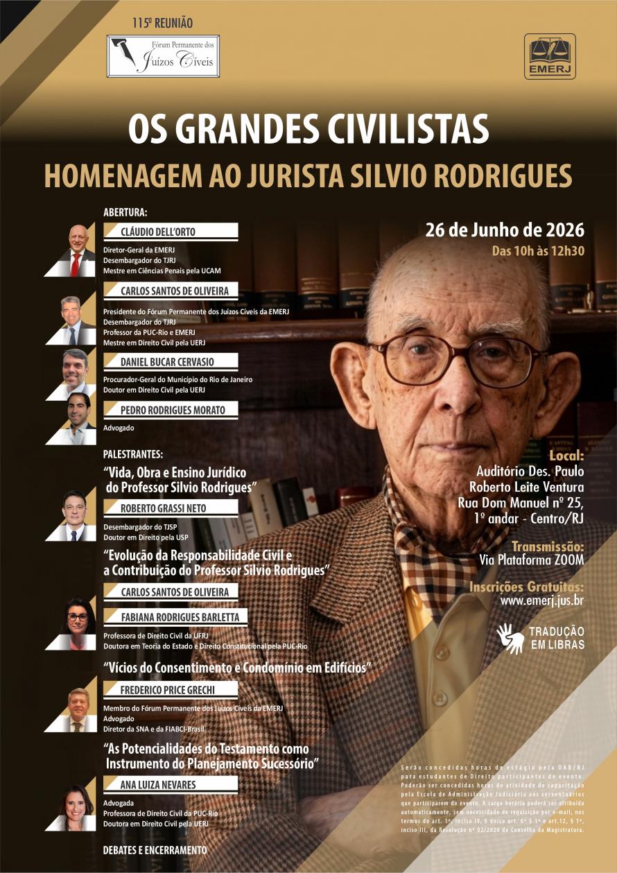 Cartaz do evento: OS GRANDES CIVILISTAS – HOMENAGEM AO JURISTA SILVIO RODRIGUES