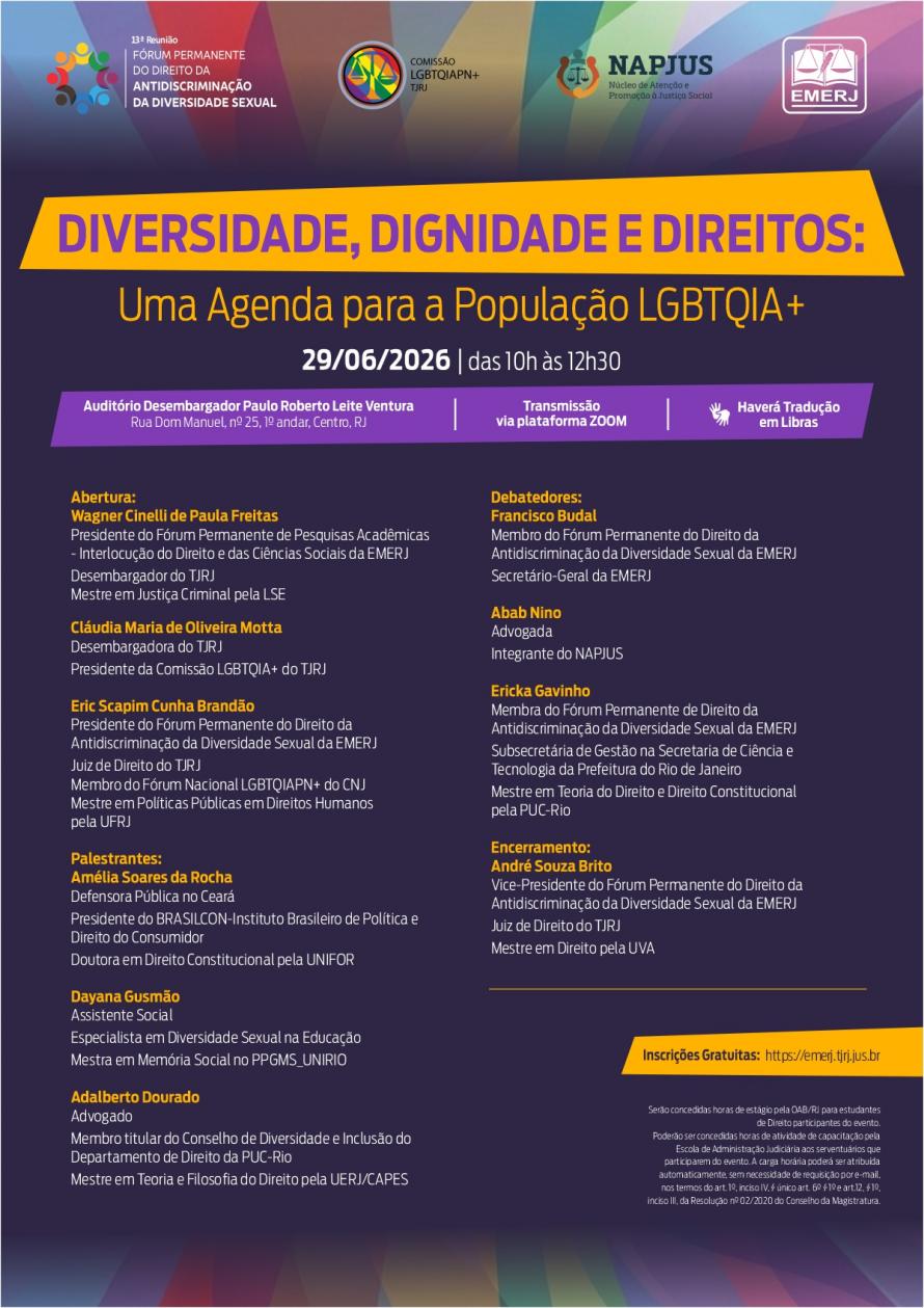 Cartaz do evento: Diversidade, Dignidade e Direitos:  Uma Agenda para a População LGBTQIA+