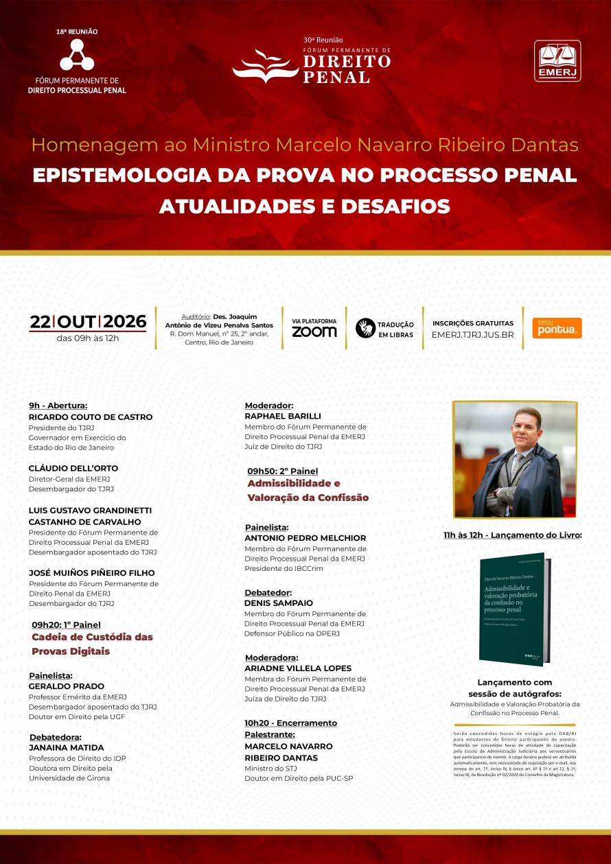 Cartaz do evento: Homenagem ao Ministro Marcelo Navarro Ribeiro Dantas: Epistemologia da Prova no Processo Penal – Atualidades e Desafios.