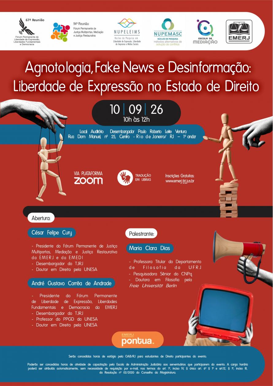 Cartaz do evento:  Agnotologia, Fake News e Desinformação:  Liberdade de Expressão no Estado de Direito