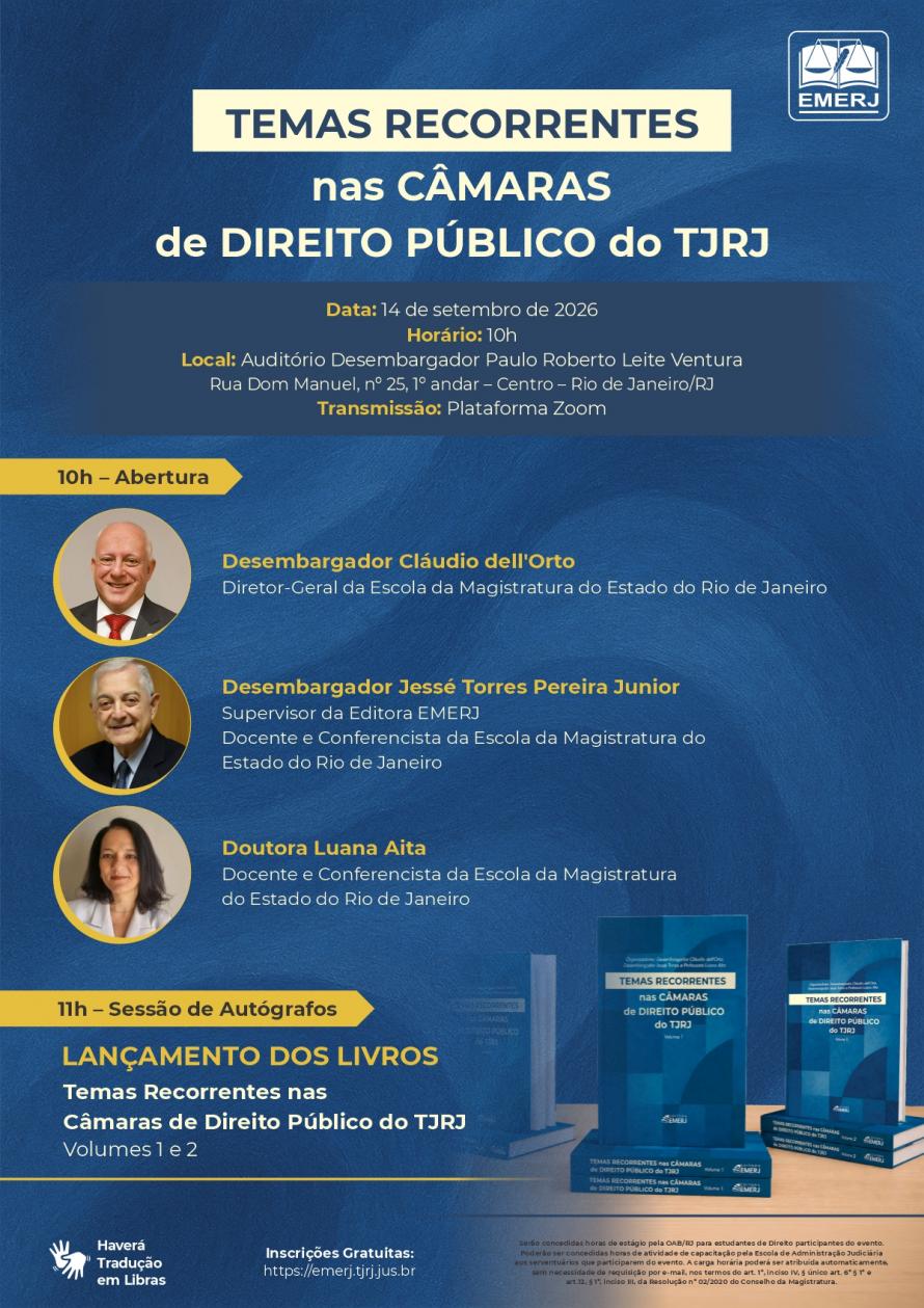 Cartaz do evento:  TEMAS RECORRENTES NAS CÂMARAS DE DIREITO PÚBLICO DO TJRJ