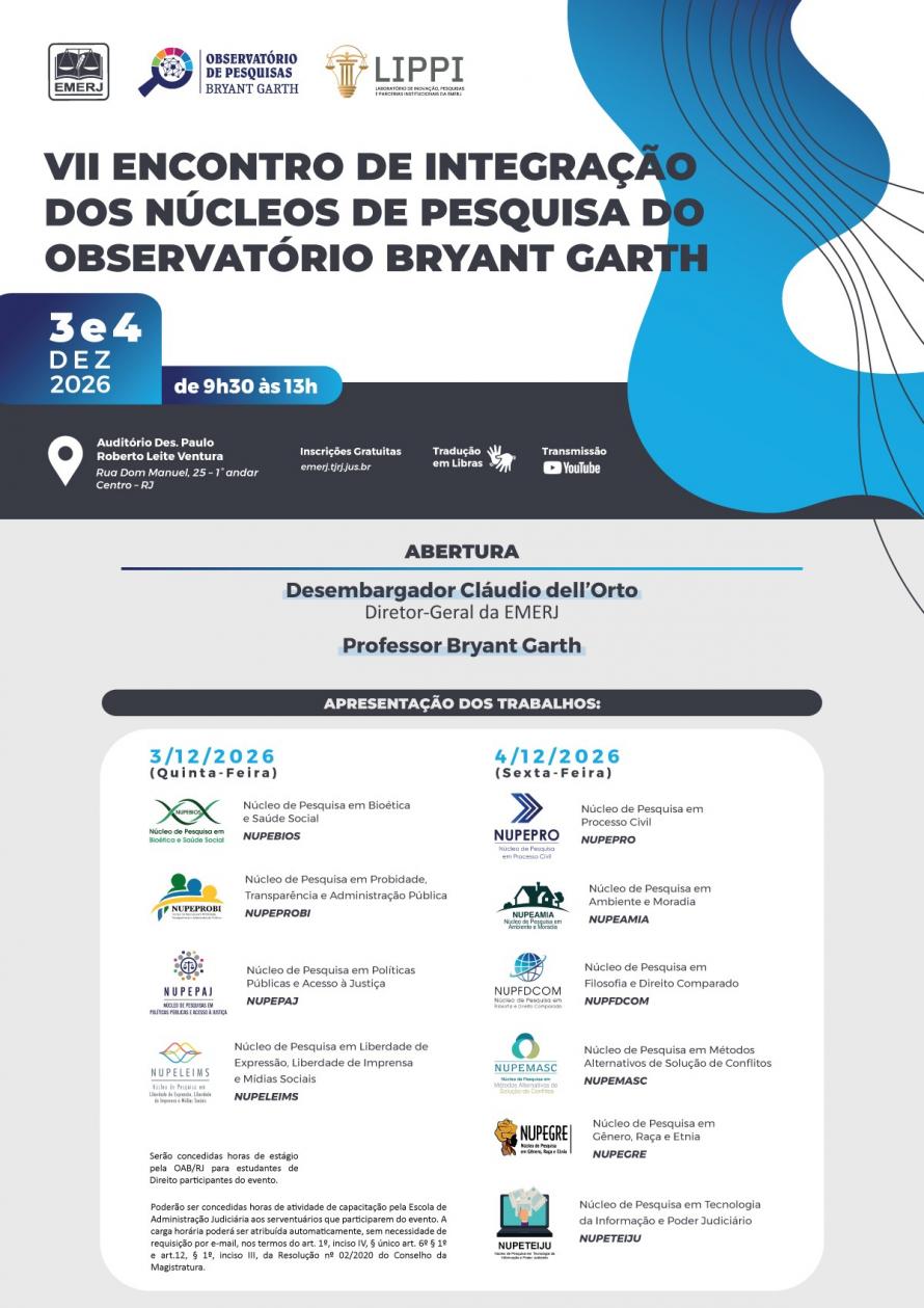 Cartaz do evento: VII ENCONTRO DE INTEGRAÇÃO DOS NÚCLEOS DE PESQUISA DO OBSERVATÓRIO BRYANT GARTH