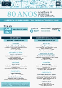 Título do Evento: 80 ANOS DE VIGÊNCIA DA LEGISLAÇÃO PENAL BRASILEIRA: CÓDIGO PENAL, CÓDIGO DE PROCESSO PENAL E LEI DAS CONTRAVENÇÕES PENAIS